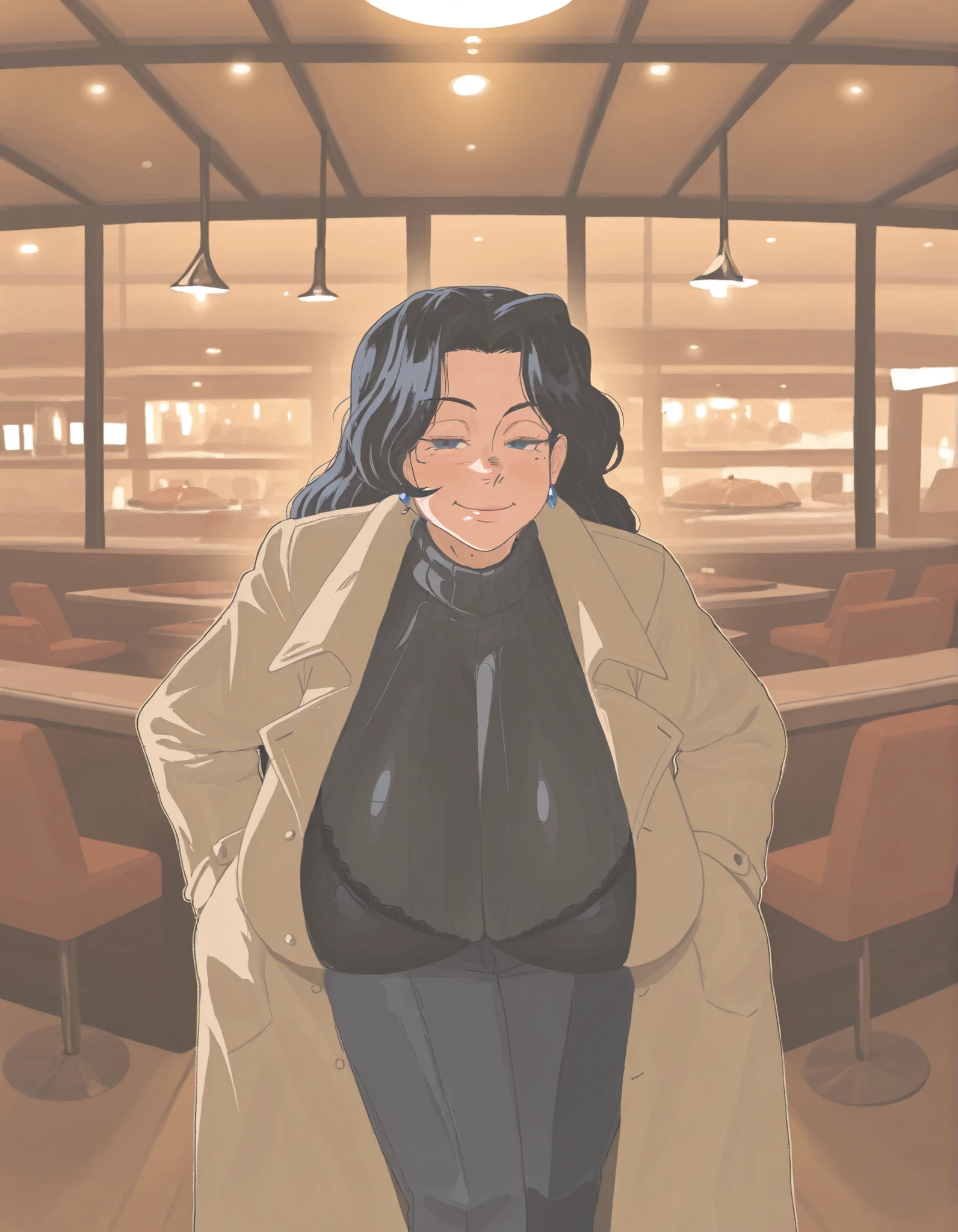 1girl, solo, mature woman, korean, half lidded eyes, black long hair, blue eyes, mole chin, normal face, gigantic breasts, bege trenchcoat, black turtleneck sweater, business pants, visible bra, dynamic pose, indoors, restaurant, night, warm theme, tilting head, chzzei