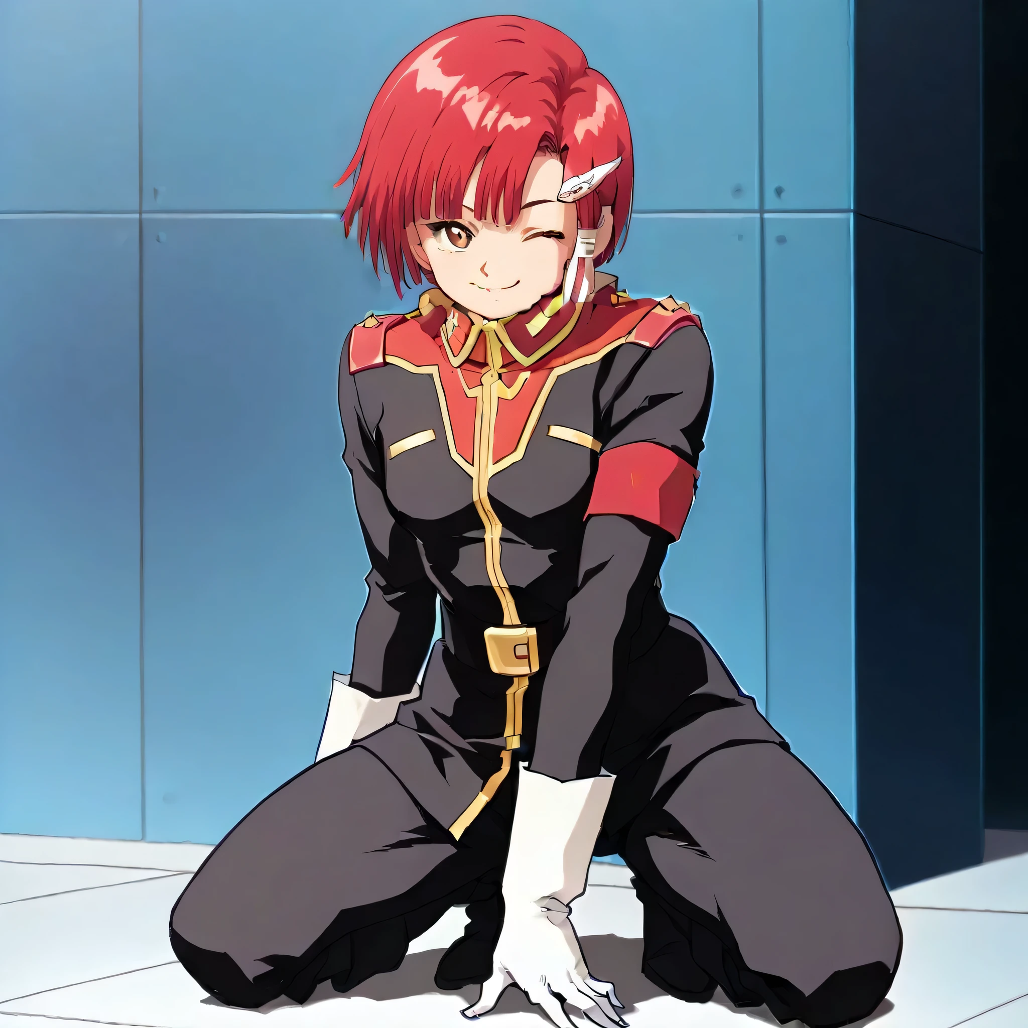 kachua rees, red hair, short hair, brown eyes, smile, wink, closed mouth