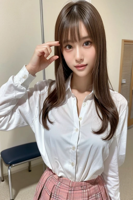 (top-quality、8K、32K、masterpiece、nffsw:1.2)、Photo of a cute Japanese woman、女の子 1 人、(Medium short dark brown hair)、(small tits)、二重まぶた、White nurse uniform、Little White Nurse (caps) 、White shirt、open-shirt、hospitals、Hospital Room、The upper part of the body、
