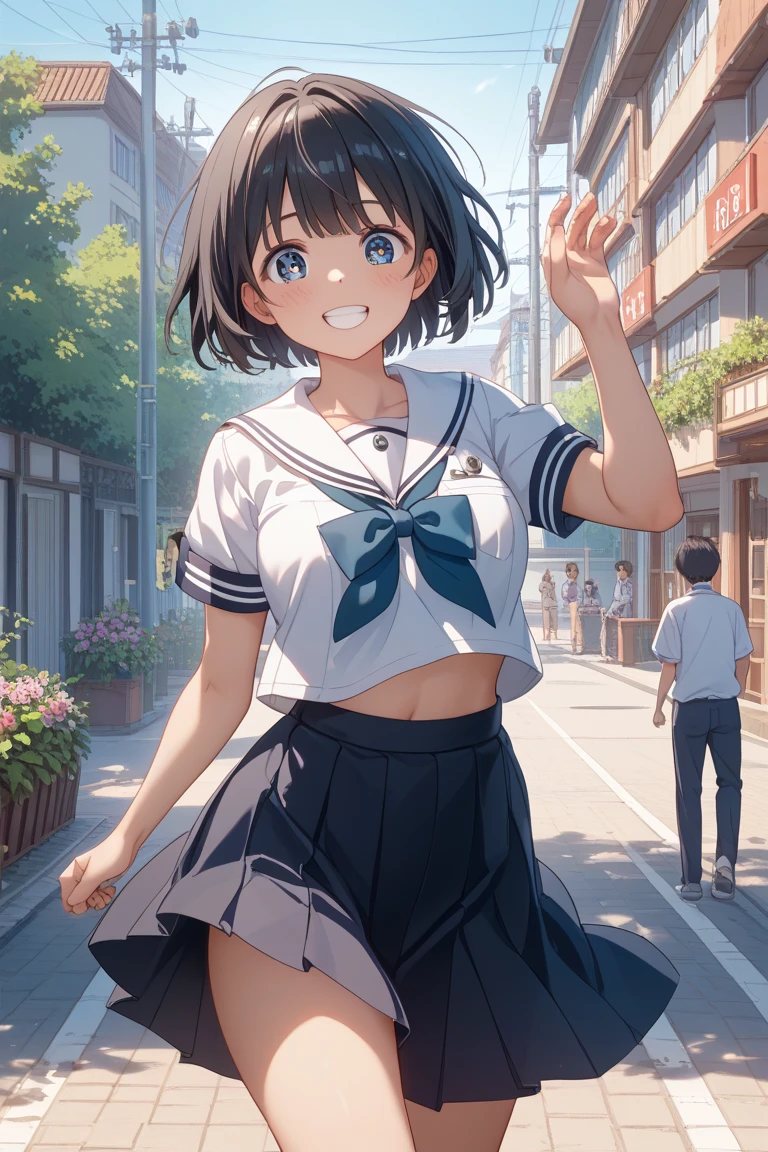 (highest quality:1.4)、High resolution、Detailed Background、(Beautiful face in every detail:1.4)、(Anatomically correct)、(Draw the usual number of fingers:1.2)、(Detailed facial expressions)、Realistic、Teenage beauty、(Huge breasts:1.3)、Perfect body line、Bobcut、Long Black Hair、Attractive big buttocks、attractive thick thighs、sunny、On the way to school、Cowboy Shot、
White sheer sailor suit、light blue sailor color、No sleeve、Pleated mini skirt with tartan plaid pattern、White knee-high socks、Absolute area、
(Backwards、Accentuate your butt:1.5)、A strong wind is blowing、Panty Shot、Accentuate your butt、A big smile、I'm a little excited、Attractive ass、Embarrassed、Blushing、cute