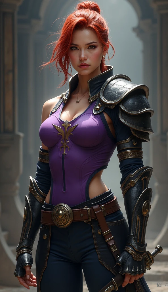 (best quality,4k,8k,highres,masterpiece:1.2),ultra-detailed,(realistic,photorealistic,photo-realistic:1.37),redhead warrior women,short hair,blue eyes,purple armor,gold plating,skin tight,exposed bellybutton,dragon tattoo,tattoo on stomach,relaxed,neutral expression,purple earrings,large breast,casting spell,fire magic,holding sword,wind in hair,resting on cliff edge,overlooking the sunset