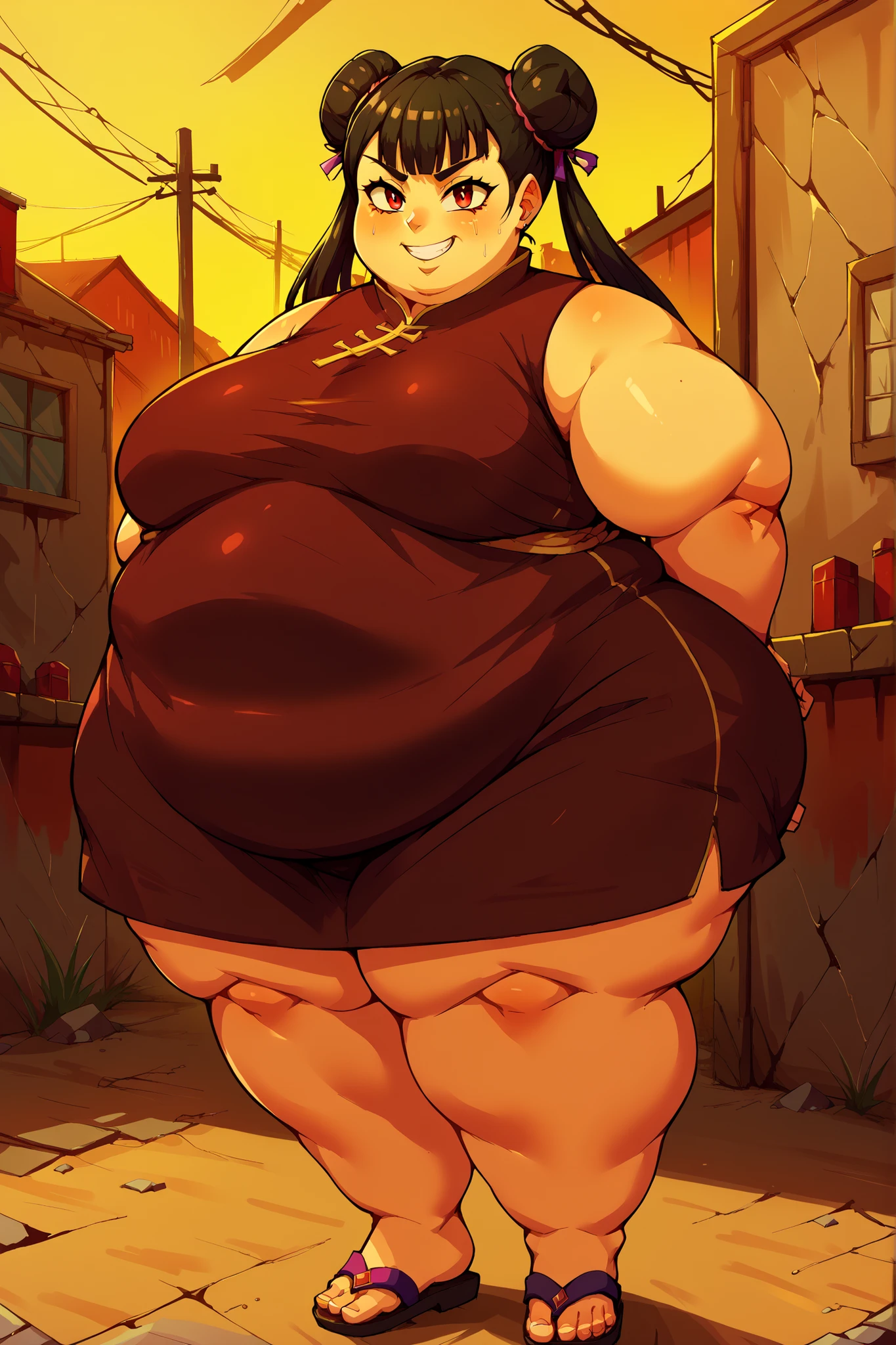 score_9, score_8_up, score_7_up, score_6_up, score_5_up, score_4_up, BREAK, source_anime,
1girl, black hair, blunt bangs, double bun, long hair, red eyes, twin tails, breasts
purple cheongsam, sandals, SSBBW, fat, 500 lbs.,
hands behind back, smile, full body, looking at viewer, solo, outdoors, wasteland