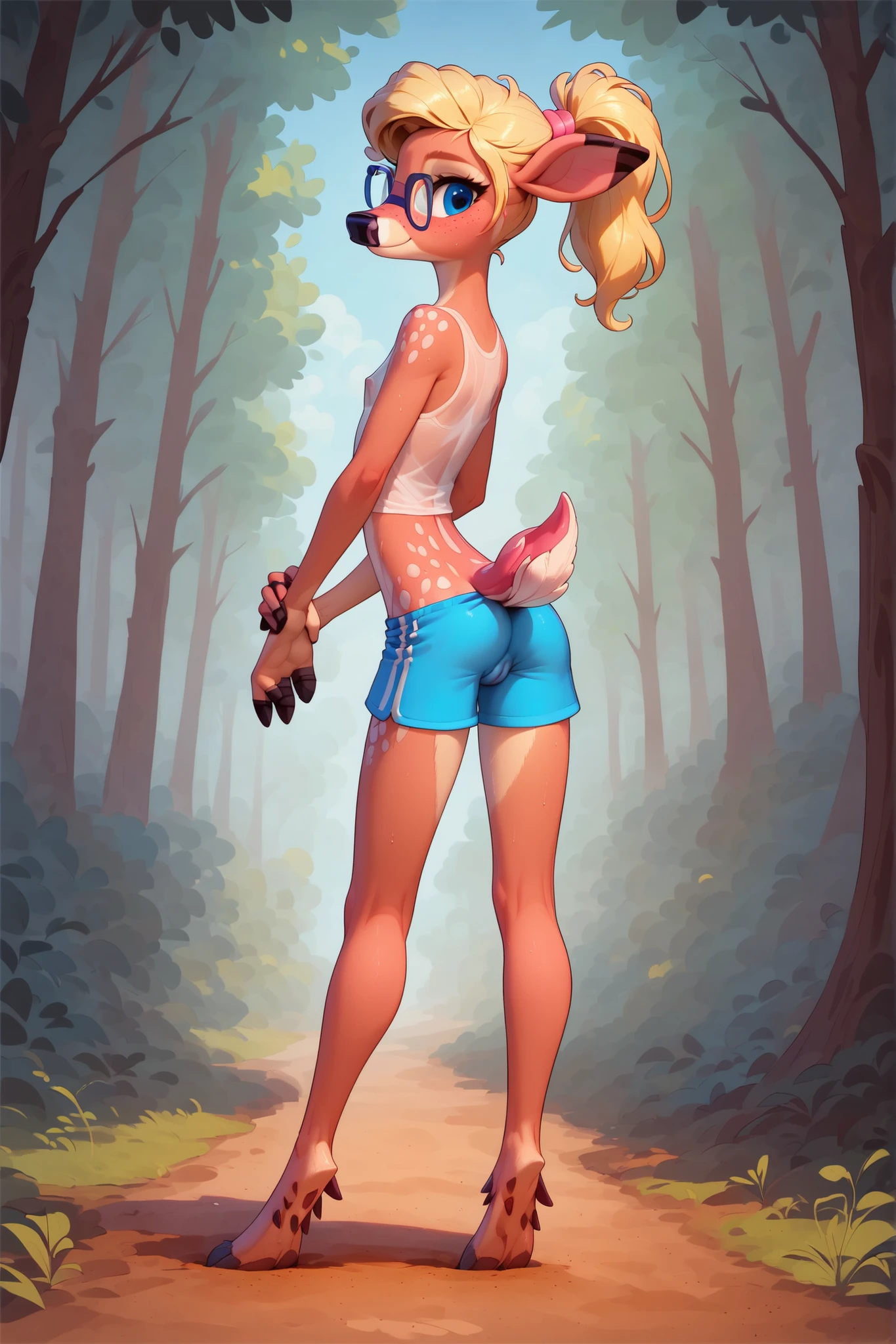 score_9, score_8_up, score_7_up, looking at viewer, smile, (face focus, eye focus), solo, freckles, young female, , skinny, detailed skin, sweaty, sheer see-through tight slutty cropped tanktop, (perfect), microwaist, small ass, tight shorts, skimpy blue stripe running shorts, shorts pull, teasing, tease, sexy, blonde hair, ponytail, big pretty blue eyes, innocent eyes, sexy, long lean legs, showing pussy, cameltoe, (puffy pussy), ultra detailed pussy, open pussy, cute ass, deer hooves feet, art by loimu, , young, youthful, ((tween)), playful, forest path, dirt path, sunny day hike, holding your hand,
concept art, cell shading, masterpiece,
detailed face, beautiful, provocative, happy,
(anthro deer:1.5), deer tail, hooves, hooved feet, glasses
