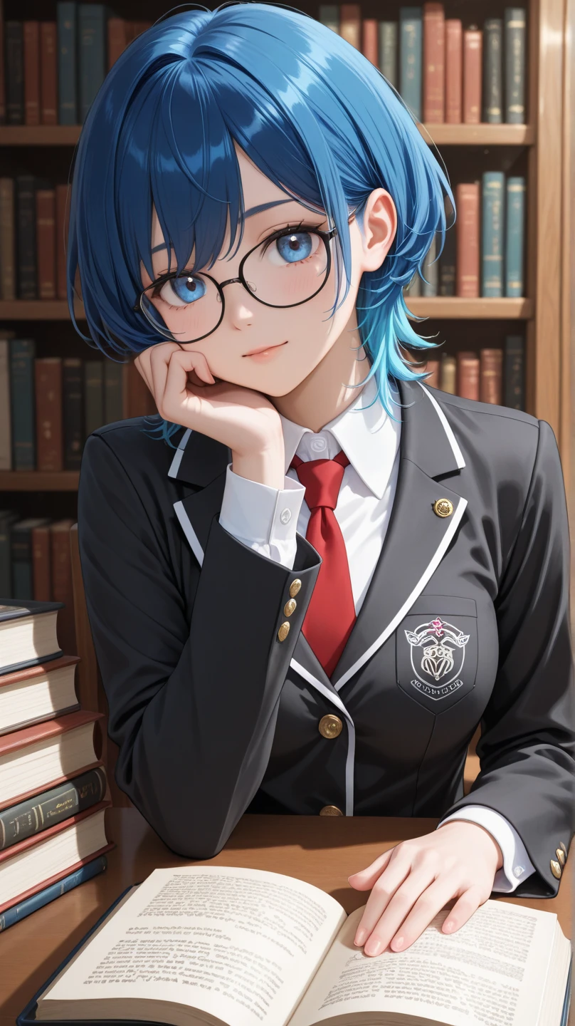 1 guy,One,(whole body:1.1),
school uniform,black hip-high shelf:1.2),
(Highest image quality),Colorful,(masterpiece:1.5),ultra high resolution,Best quality,extremely detailed wallpaper,(complex part),detailed light, light-blue hair, zombie, glasses