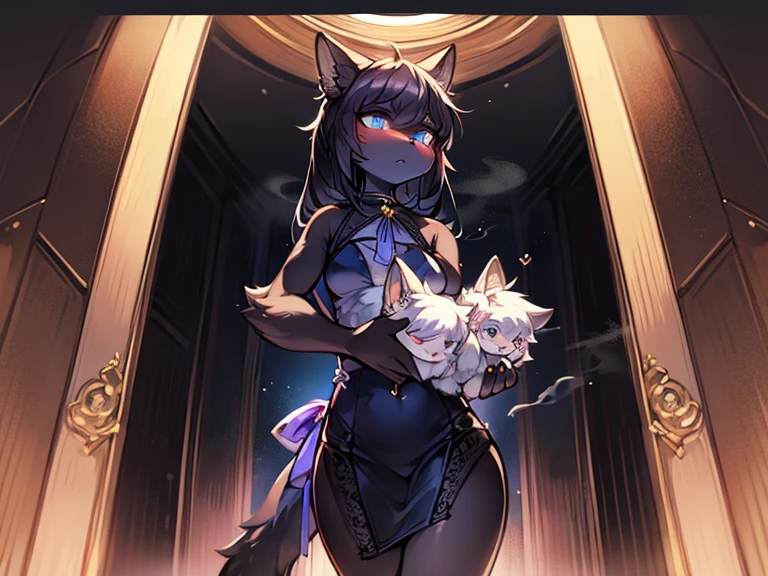 top quality, best quality, High-quality illustrations, masterpiece, 16k, 1080p, uploaded on e621)(kemono, furry, anthro, alone), round, 1 female, hot mother figure, very detailed body face and eyes, white fox, Tiare, (Alchemy Stars), white fur, fluffy, big breasts, tail, perfect eyes, yellow eyes, black hair, beautiful winter clothes, beautiful night, body movement, body twitching, pregnant, shy smile, red blushing, looking at viewer 