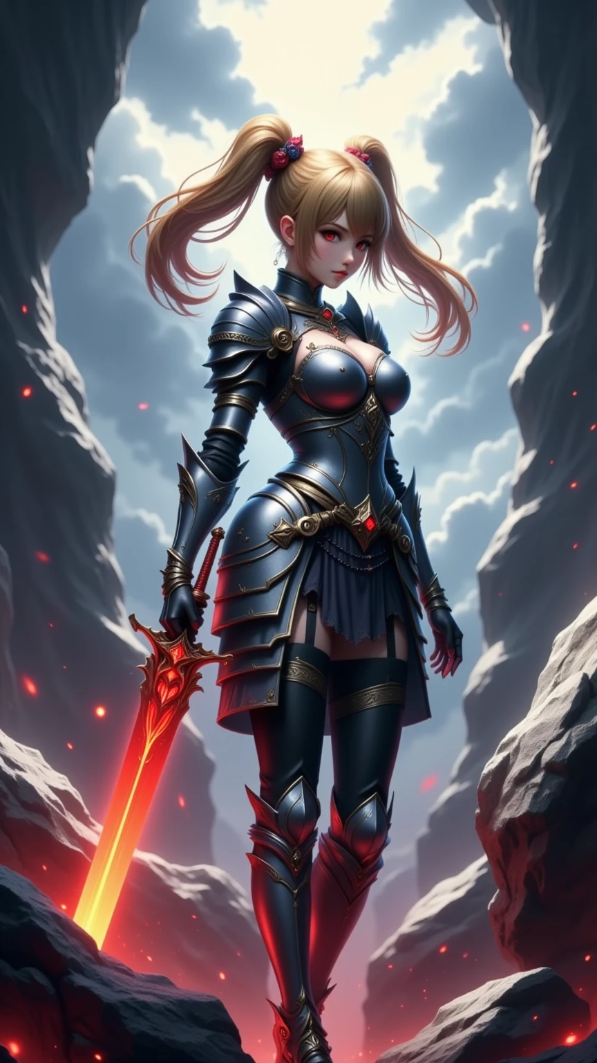 NSFW((masterpiece)), (((Best Quality))), ((Ultra-detailed)), (extremely detailed photo), ((extremely delicate and beautiful)),(Cute delicate face), (A 15 years old very dignified girl),red and black armor ,(holding a red glowing sword ),against a dark background in a city,solo,short hair,double eyelid,delicate skin,slender body shape,