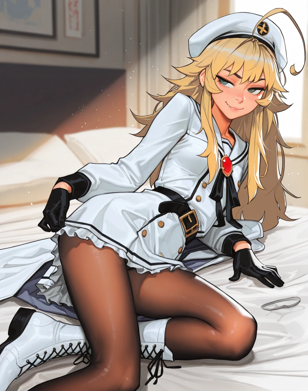 Nasty naked sexy nurse with blonde hair and white gloves and dark pantyhose and white high heels tormenting a man on the bed