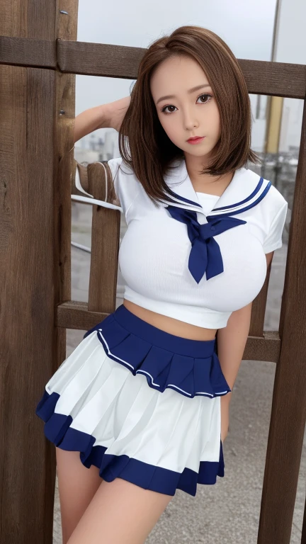 Detailed CG Unity 8k wallpapers、Highest quality、masterpiece、Realistic、Bright lighting、非常にcute女性、cute、17 years old、high school girl、Face Light、Captivating eyes、(Droopy eyes:1.3)、(Watery eye:1.3)、((Ecstasy face))、Open your mouth a little、blush、(Brown hair with bangs)、Earrings、necklace、Shiny skin、Pure white skin、Big Breasts、((Perfect Anatomy、Perfect limbs、Thin hands、Thin fingers、Five Fingers))、((Navy pleated mini skirt:1.5))、(Japanese High School Sailor Uniform)、((Short-sleeved white sailor suit:1.5)、(Short white sailor suit)、((Angle from below:1.3))、(腕を後ろでTie with rope)、((足を大きく広げてTie with rope:1.5))、(Please put your feet up、Tie with rope:1.3)、(White lace panties exposed:1.3)、(Detailed view of white lace panties:1.3)、(Check out the white panties:1.5)、(Angle from below:1.3)、(Looking down, Display in viewer:1.3)、On the grass in the park、