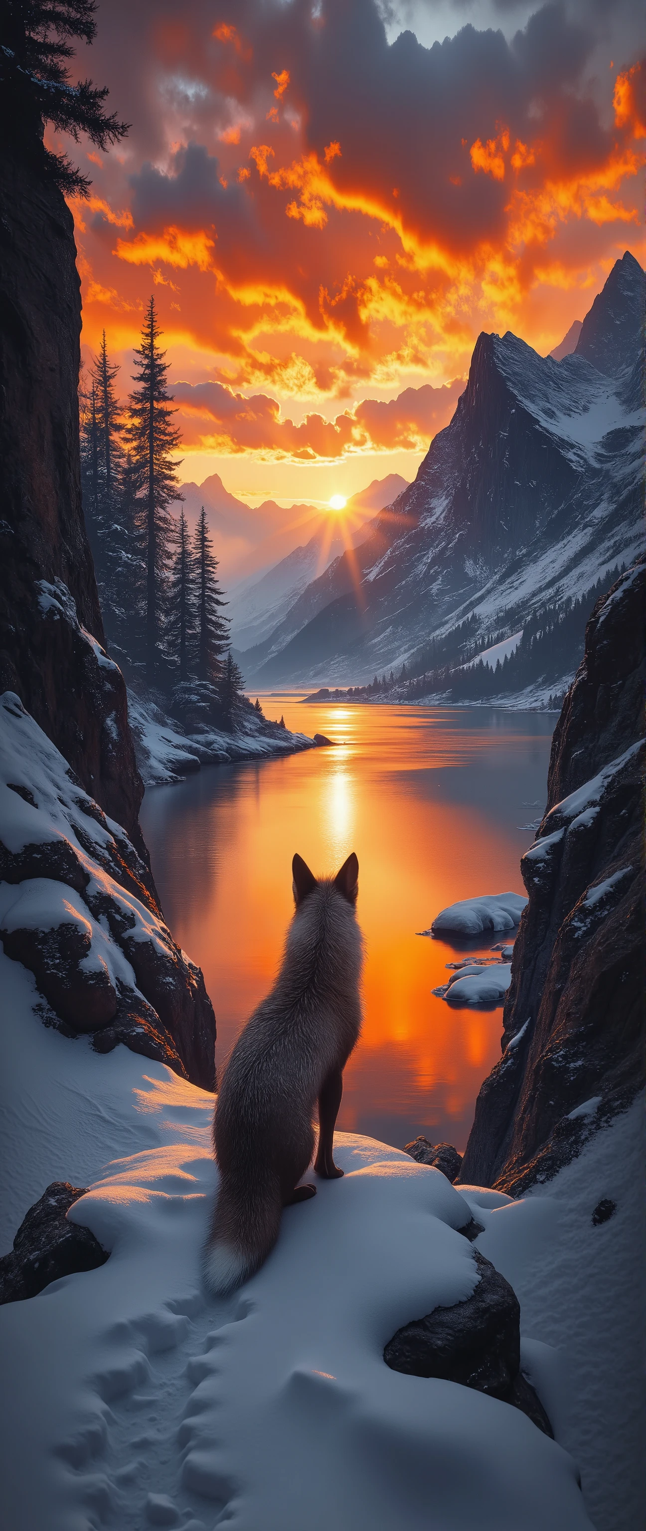 quiet lake、Shandana Scenery、Winter landscape、Fox、Sunset、orange sky、masterpiece、best quality、ultra high resolution、pictures