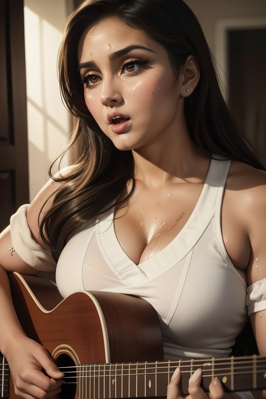 Lucy Pinder, (Josie Loren), ((mouth wide open)), chubby woman, looking, ((VERY INTENSE MAKEUP))), Chun-li, Face portrait, portrait, (Adele), playing guitar, Singing, ((Sweating)), (beautiful dress), scared