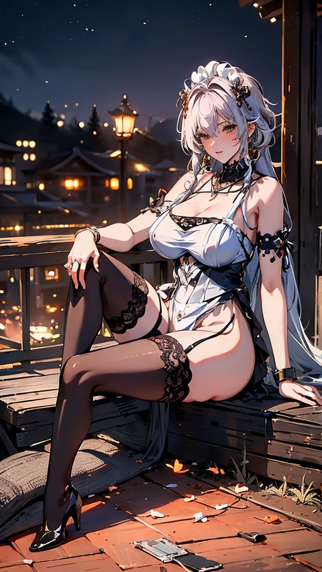 You can clearly see her pussy, sitting with her legs spread open. outside a wide area full moon