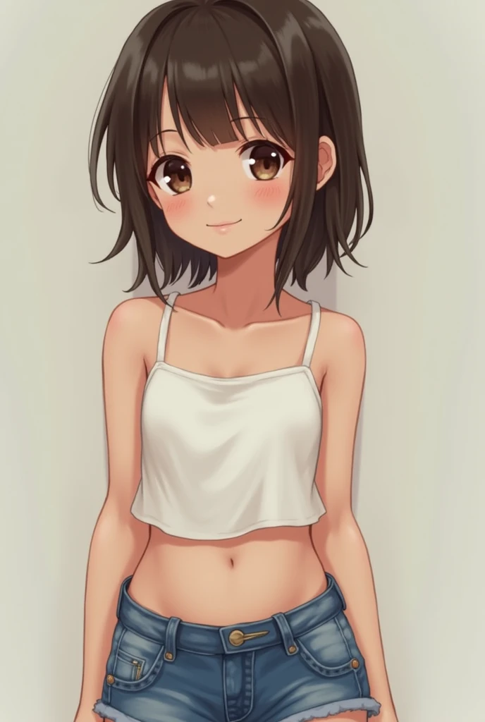 Kizi, 10-year-old, short black hair, without bra, No blouse, breasts showing, THREAD PANTIES, no censure, No blur