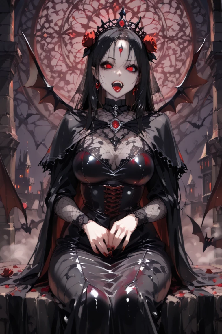 absurdres, ((stunning female Vampire))), goth Renaissance, (long black hair:1.erfect and detailed angular sharp oval shaped face, ((redeyes)), jewelry, red and black tetradic colors, full lips, gothic castle background, (solo), perfect anatomy, approaching perfection, ethereal, intricate details, ultra-high definition, 12k resolution, goth aesthetic, smooth, sharp focus, dreamy, glowing, backlit, glamour, glimmer, fantastical, shadows, smooth, Gothic crown, illustration