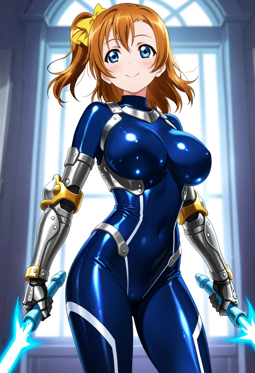 ultra-detailed, Explicit, Beautiful body, Beautiful Nose, Beautiful character design, perfect eyes, perfect face, ultra highres, 4K, beautiful legs, perfect legs, Nice hands, Perfect hand, Masterpiece, Best Quality, Highly detailed, illustration, absurdres, perfect anatomy, (((blue delmo uniform, jacket, blue latex jacket))), (((blue latex pencil skirt, tight blue miniskirt))), gold stripes, extremely glossy latex, puffy sleeves, juliet sleeves, black bow, absurdres, highres, solo, cowboy shot, 1girl, perfect hands, wind, (highres,best_quality,masterpiece), hair ornament, huge breast, large breast, Mylene Hoffman_009-1, light brown hair, blue eyes, short hair, earrings