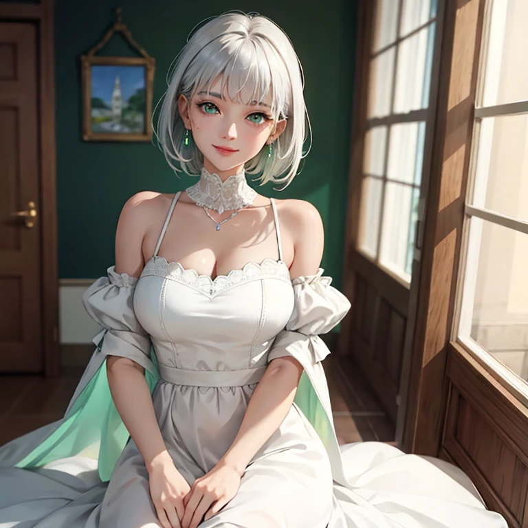 (masterpiece、highest quality、Every detail，Fantastic lighting，Depth of written boundary)(1girl,solo)(cute girl，off shoulder long dress，The dress has a loose fit，Exposing shoulders，No sleeve，White hair bob、medium beautiful breasts，thin and white legs、White skin)(ruins、Dilapidated Building、Collapsed Wall)(Close-up)(all fours,Leaning forward to highlight cleavage)