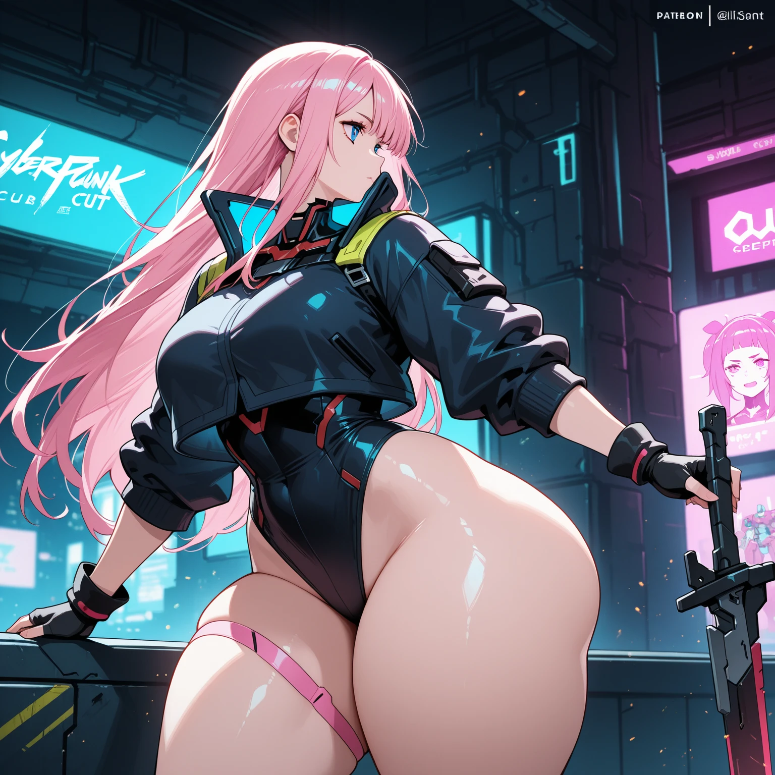 Porter. girl, sexy, futuristic battle suit( developer) , long hair, pink hair, big ass, Very defined, back pose, weapon, futuristic city in ruins, elastic pussy, fat pussy