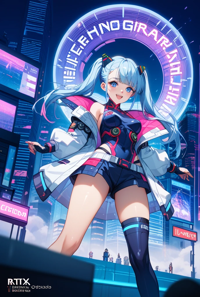 ((Masterpiece)), best quality, absurderes, ultra detailed, holographic, cowboy shot, dynamic pose, golden ratio, super cute girl, mature girl, extremely beautiful, super beautiful asian girl with super beautiful violet eyes, super beautiful white hair, shiny skin, high ponytail, nice and sexy body, slim and delicate body, perfect body, wearing a super tight printed white crop top, kawaii panties, fox headset, being photographed in a kawaii alien spaceship