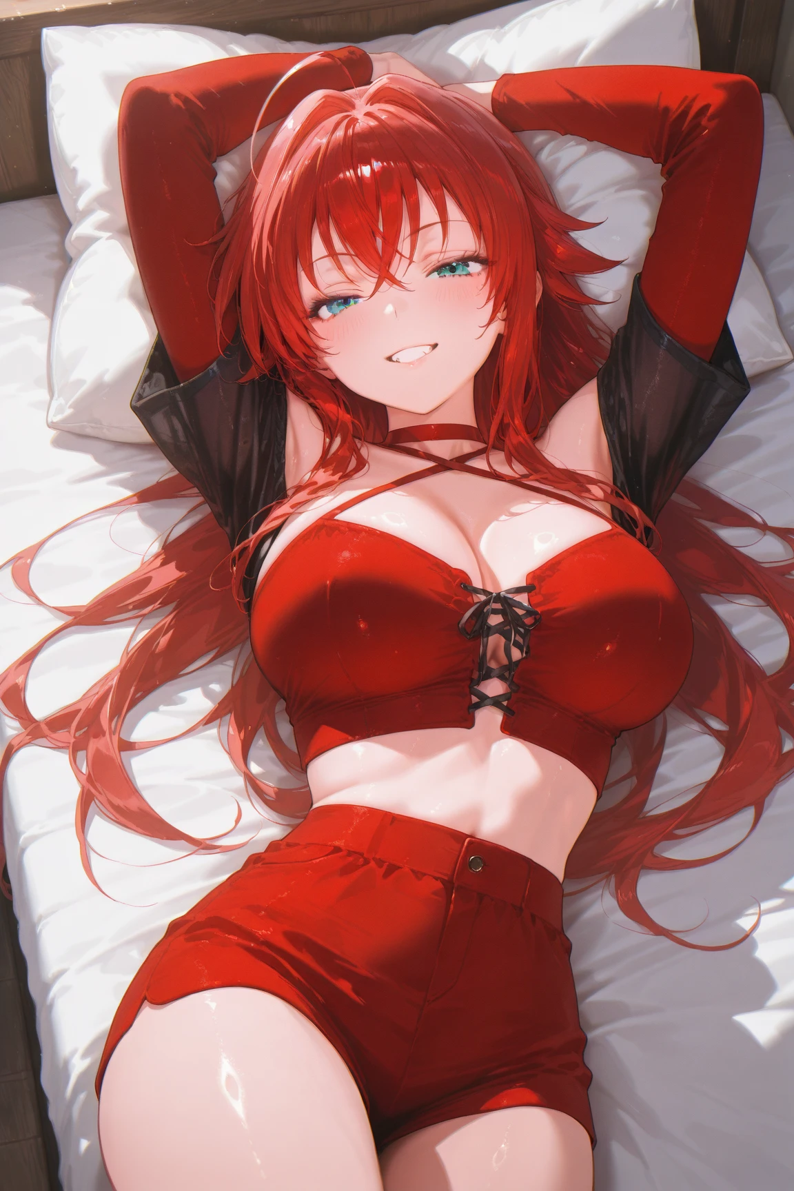 Red hair, blue eyes, lingerie, bed, sexy, happy 