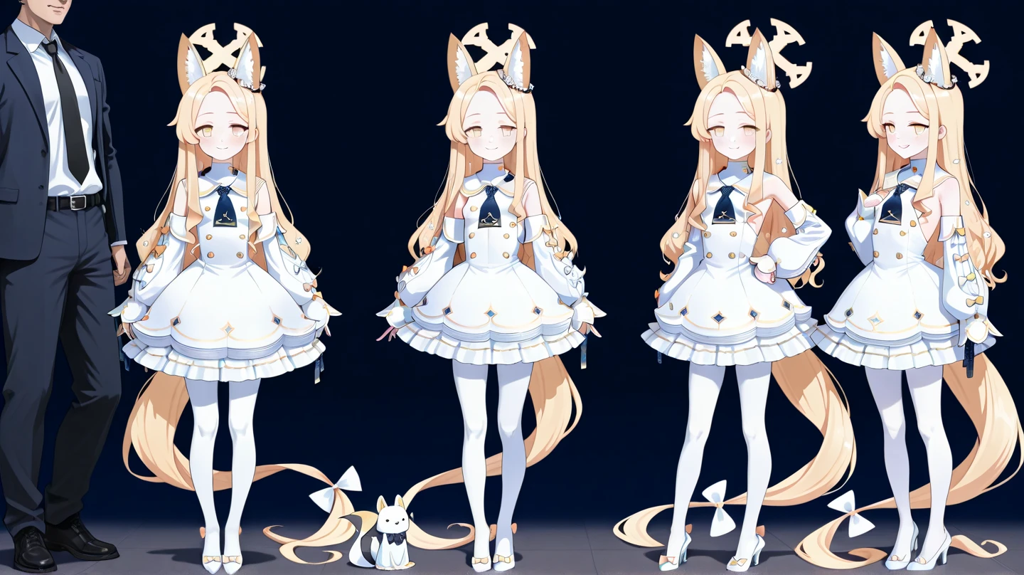 ((Masterpiece, Highest quality)), Detailed face,CharacterDesignSheet, full bodyesbian, Full of details, Multiple poses and expressions, Highly detailed, Depth, Many parts,A pretty maiden,dual horsetail,Gradient hair color,Star decoration,Wearing a bunny costume,White panty hose,Light pink pupils,epic exquisite character art, Amazing characters