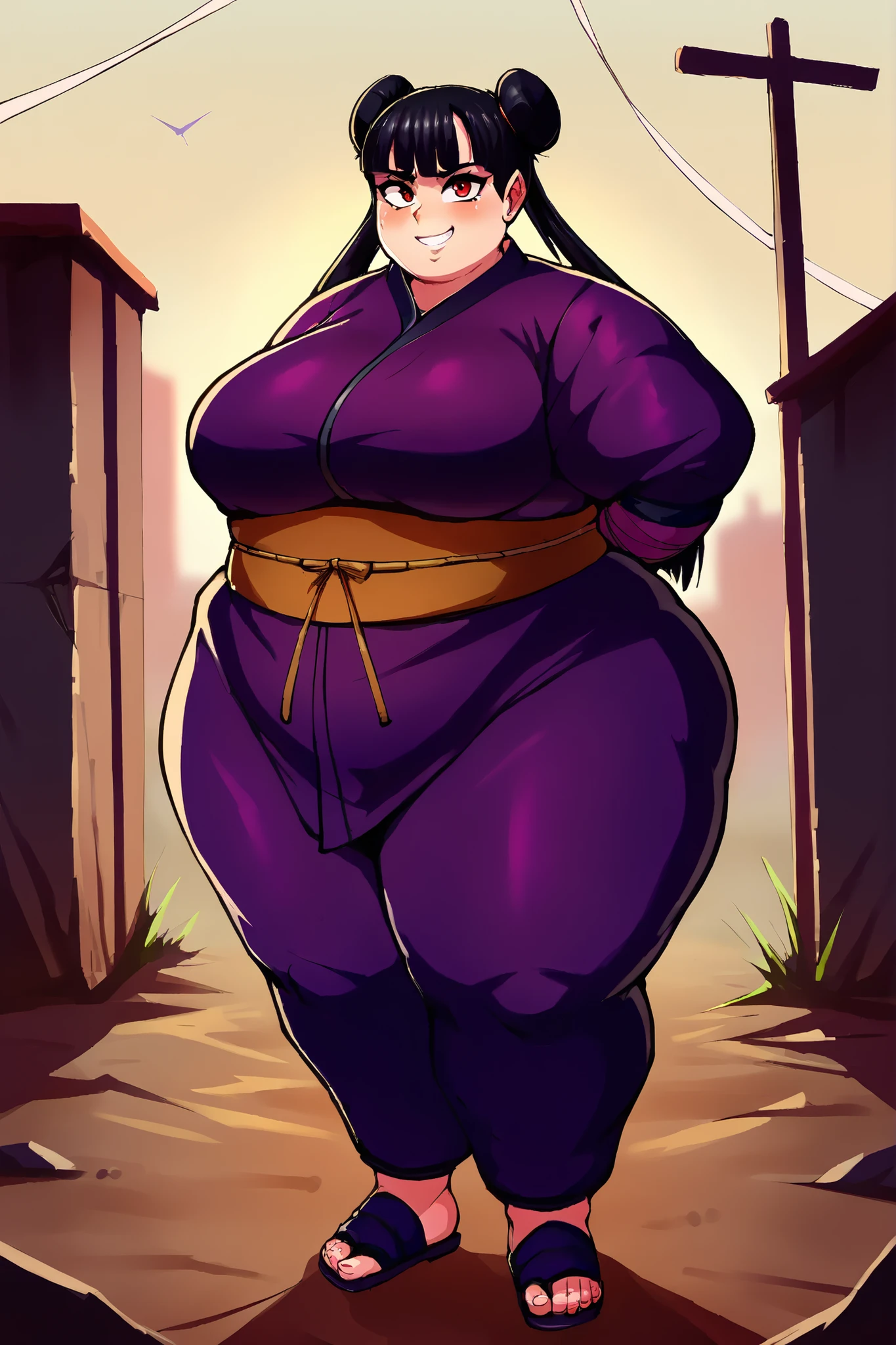 score_9, score_8_up, score_7_up, score_6_up, score_5_up, score_4_up, BREAK, source_anime,
1girl, black hair, blunt bangs, double bun, long hair, red eyes, twin tails, breasts
purple ninja, sandals, SSBBW, fat, 500 lbs.,
hands behind back, smile, full body, looking at viewer, solo, outdoors, wasteland   