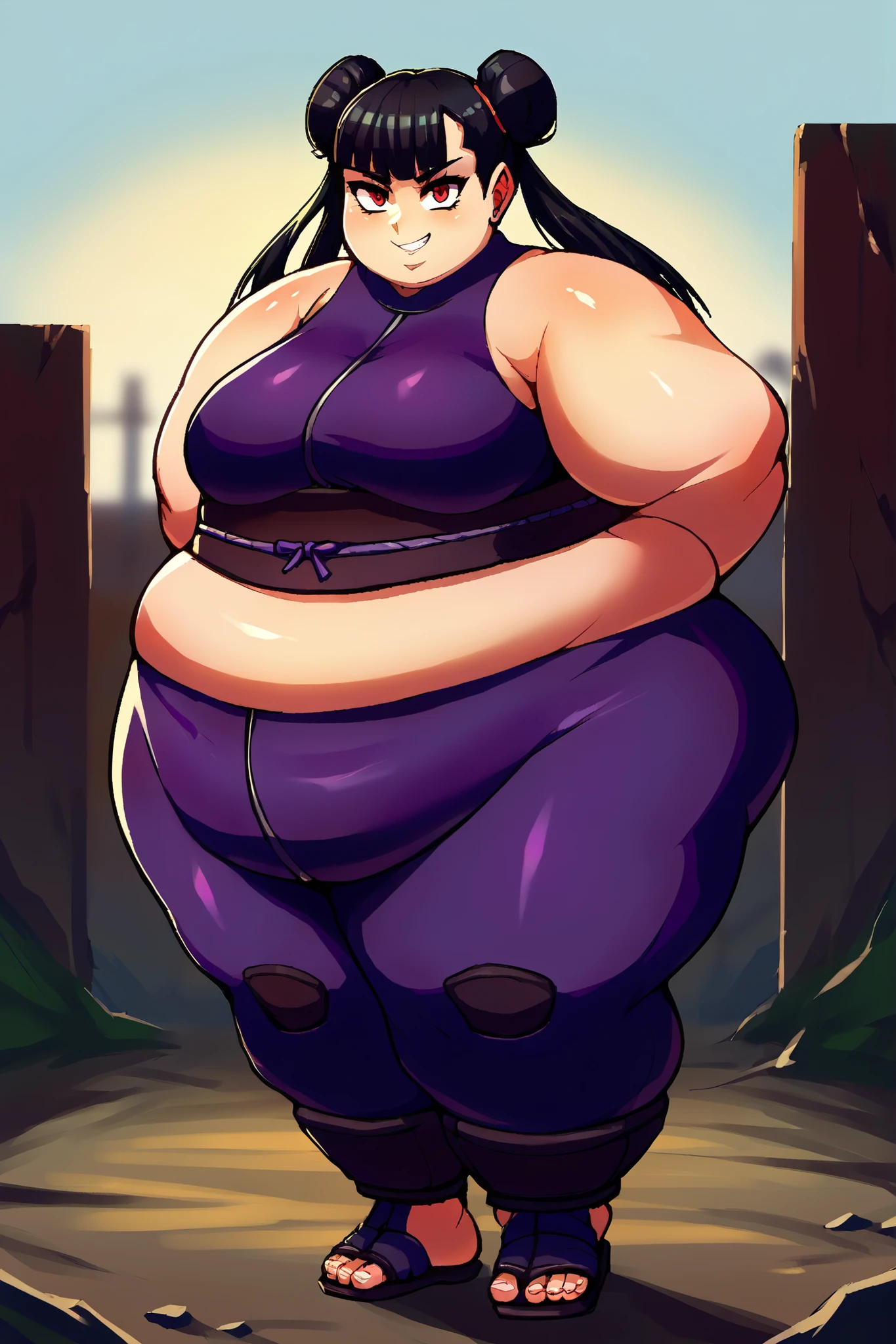 a anime drawing of a fat man with a whip in his hand, thicc, full body portrait of , fullbody commission for, thicc build, commission for high res, thick black lineart, he , cel shaded!!!, oc commission, full body!, ((handsome)) mature man in a purple robe and black boots, slightly baggy pants, full body purple cloak((with Lotus motifs)), in dark purple robes, ((wearing Hanfu robe)), Black hair styled in a single bun with a purple ribbon around it, full body close-up shot Single Subject!!, background (( a Pier with Lotuses in the water)) . Morbily obese!! ( super large,Fat, round, belly)), ,(( large double wide hips)), ((large fat butt), (( large ,thick, fat thighs)) , Proportionally large and fat arms and Legs!!, large Fat breast, fat chubby cheeks, Fat face, multiple chins, , masterpiece!!, full body!! , Expression(angry, frowning) pose(cracking a Whip , legs Spread out ), Effects ( clothes ripping , Purple lightining)
