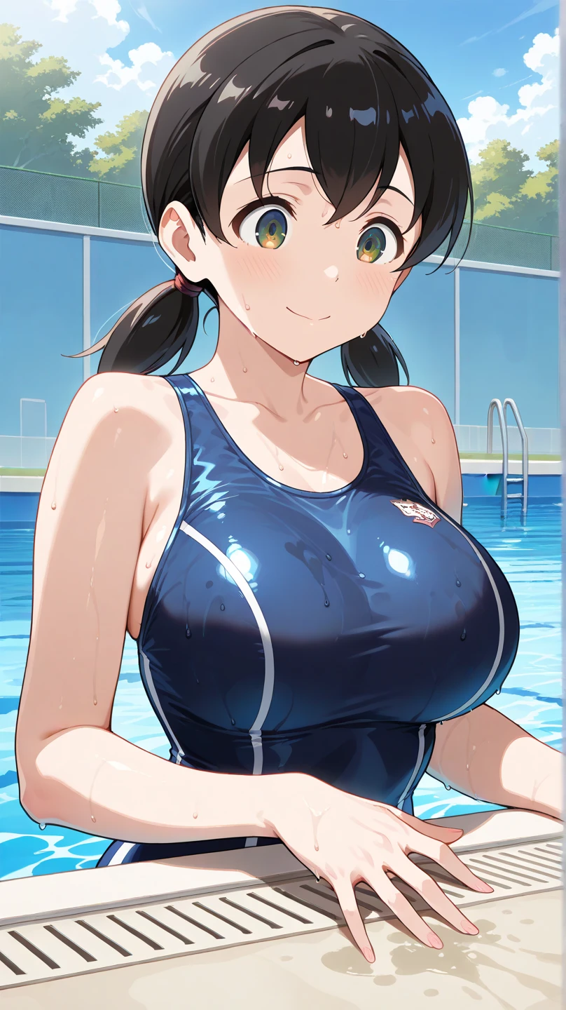 beautiful girl、high school girl、Wet black hair、Shy expression、blush、Navy blue school swimsuit、big breast body shape、Very huge bust、Japan School Pool、Water Drop、Wet Skin、Wet swimsuit、