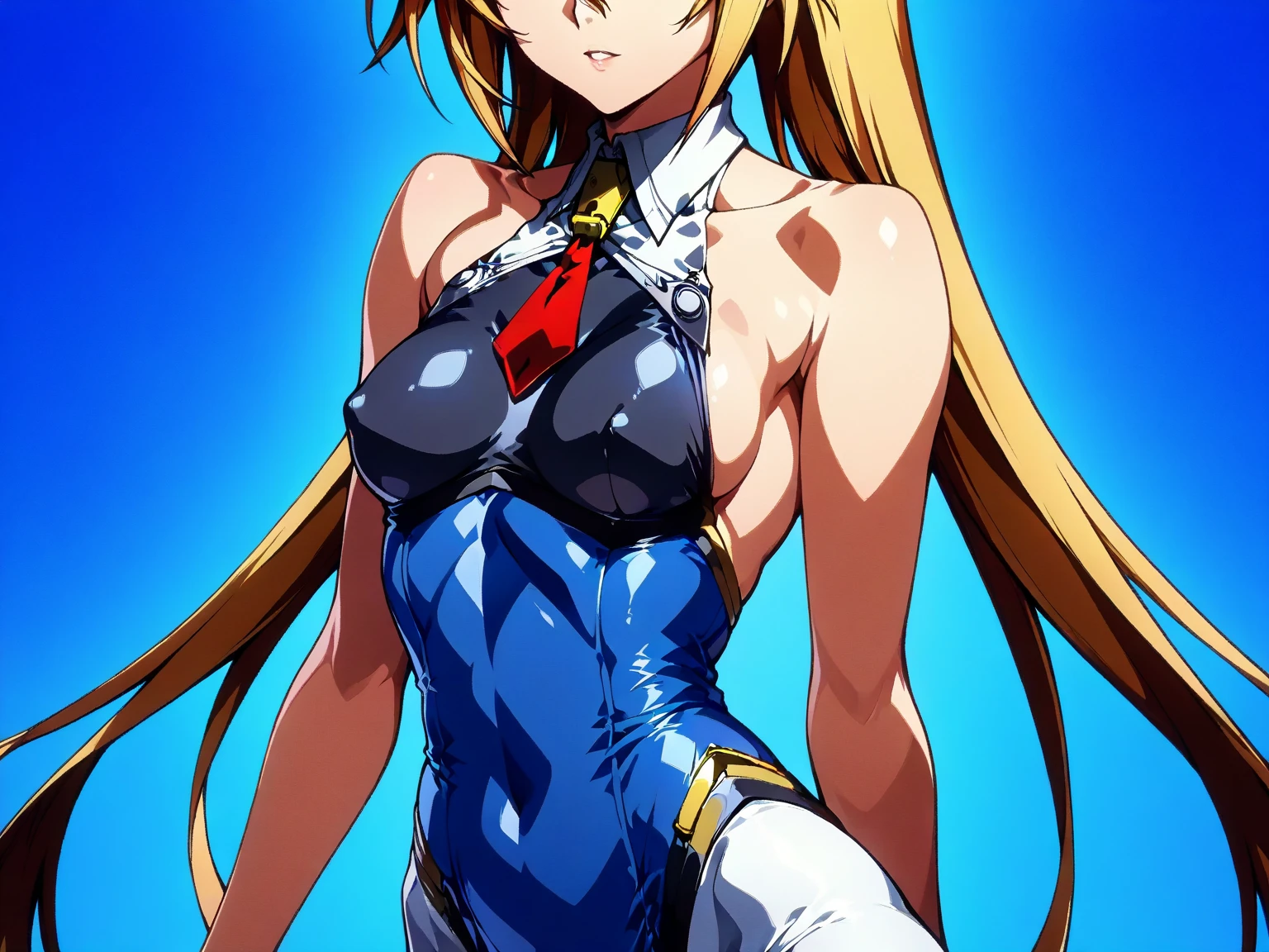 masutepiece, Best Quality, ultra-detailliert, High quality, Extremely detailed, High resolution, Distinct, 1girl in, Solo, Empty eyes, buttle, Pose, (Color Timer, Red jewelry with low chest), (Detailed fingers, Detailed hand, Detailed face), Full body, Blonde hair, Ponytail, diadems, Upset, Blue sky, Scenery, See-through,
