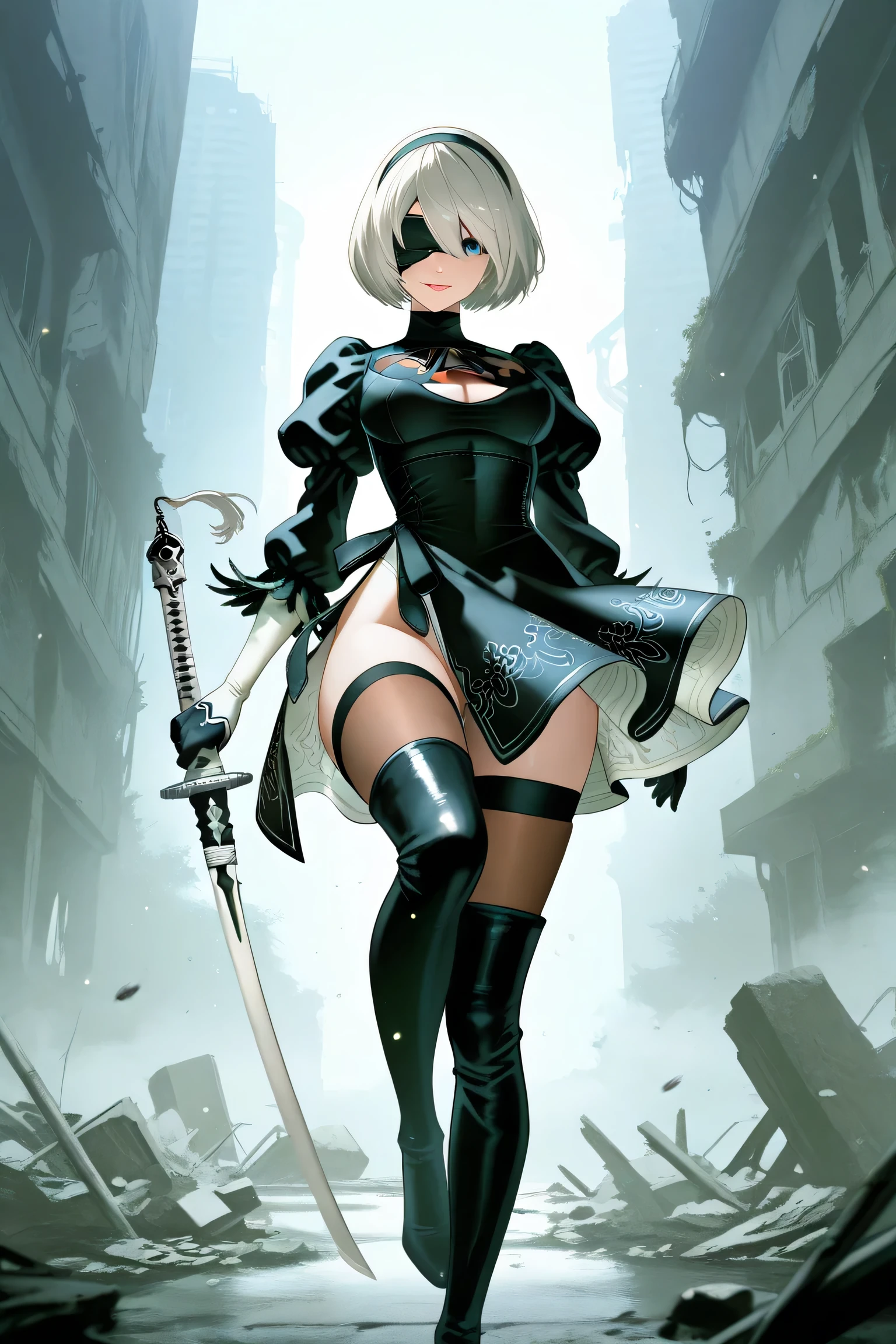 nier、NieR: Automata、Desolate Earth、The battle is on the ground、NULL中戦、hacking、「yorha（yorha）force」、Combat type YoRHa aircraft。He specializes in melee attacks using sword fighting.、Can also handle long-distance attacks using Under。He has a calm and collected personality.、Also, due to the discipline of YoRHaforce, they tend not to show their emotions.。Therefore、Although it seems cold at first glance、I treat my colleagues with consideration and compassion.。Automatic humanoid、big tits milf、big tits milf、big  milf、Action RPG released by Square Enix。YoRHa is different.。2 type b、1 girl、disorganized、Black blindfold、Black dress、黒いhair band、blindfold、青NULL、boots、building、City、cloud、covered eyes、Debris、dress、Feather ornamentの袖、Feather ornament、from below、gloves、Grass、hair band、high heels boots、high heels、high resolution、Juliet Sleeve、katana、leather、leather boots、long sleeve、nier \(series\)、NieR: Automata、outdoor、overgrown、Under \(NieR: Automata\)、Post-Apocalypse、Water puddle、puffy sleeves、rubble、Remains、landscape、NULL、thigh high boots、thigh high socks、bootsの下のthigh high socks、water
