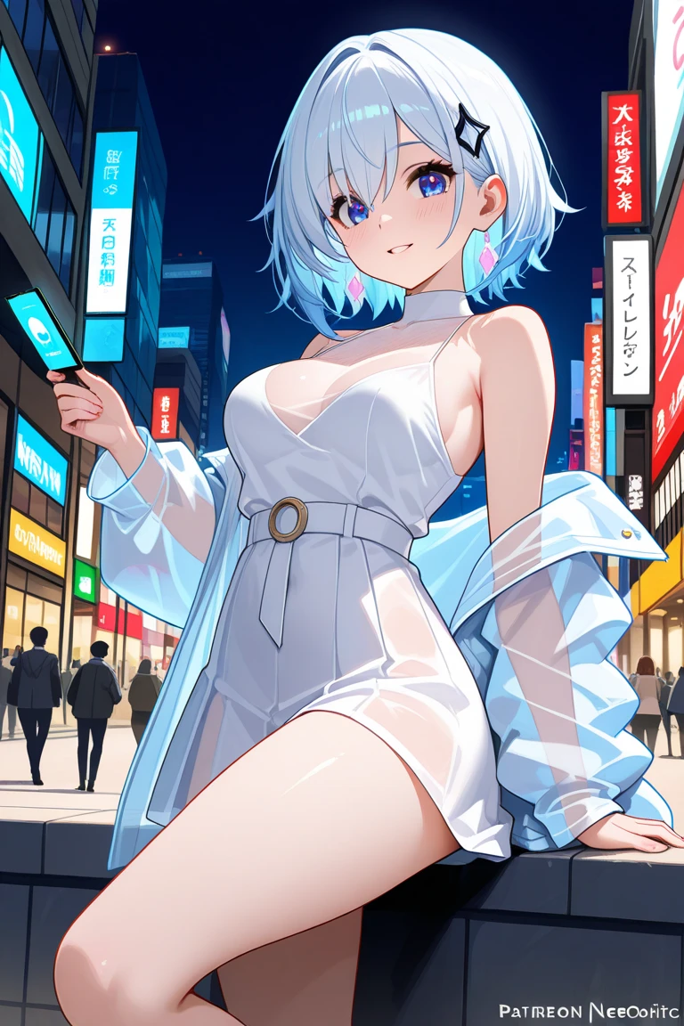 (masterpiece, best quality), 1girl, revealing her underwear, blushed, short white hair, blue eyes, wearing blue bra, blue patterned panties, thin tights, city, absurdres, high res, ultrasharp, 8K, masterpiece, looking at viewer