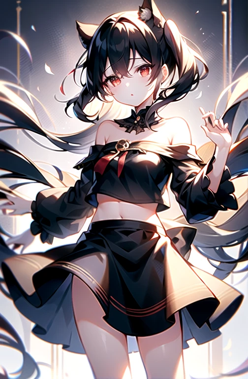 Top quality masterpiece illustrations, 1 girl,Moon background,big eyes,fit,Short stature,Red Eyes,white hair, Double ponytail hairstyle, Wear a white shirt,Show your belly button,Wear a short black skirt,Off-shoulder,Shy, blush,White pantyhose,permanent,Black casual boots,