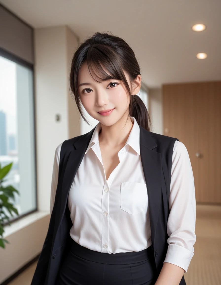 1japanese_woman,beauty face,head tilt,suit skirt,short hair,(24yo),realistic,photo,detail skin textures,sharp focus,dynamic angle,looking at viewer,seductive_smile,sexy posing,cleavage,leaning forward,in office,