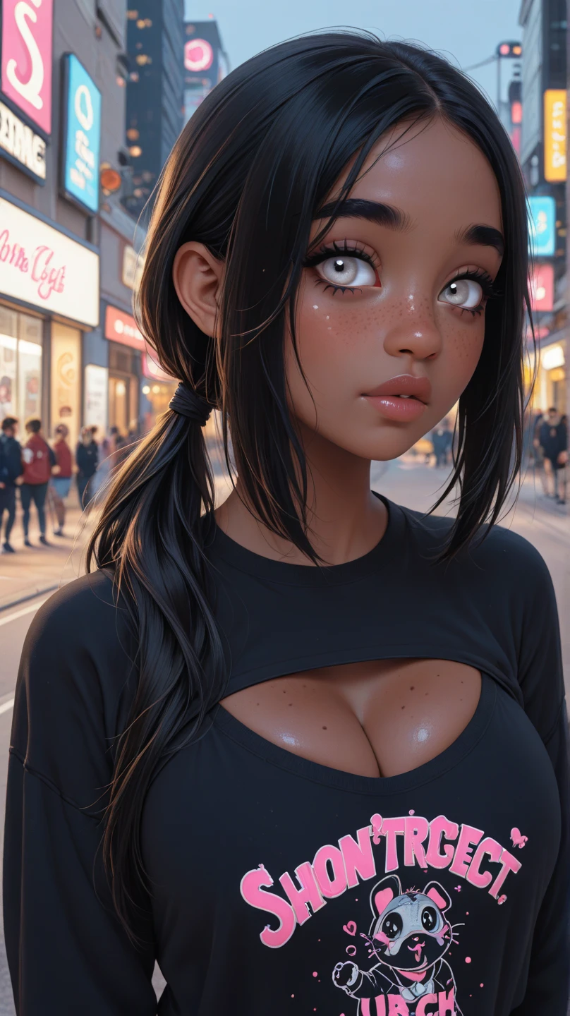 (best quality,4k,highres,ultra-detailed,realistic:1.2), a skinny girl with small breasts, messy hair with a pigtail, thin body, 8-pack abs, flat chest, fitted white tank top, earrings, necklace bracelets out in the street at night, neon lights and advertising, close-up portrait, hard nipples, cute, youthful, skinny body,