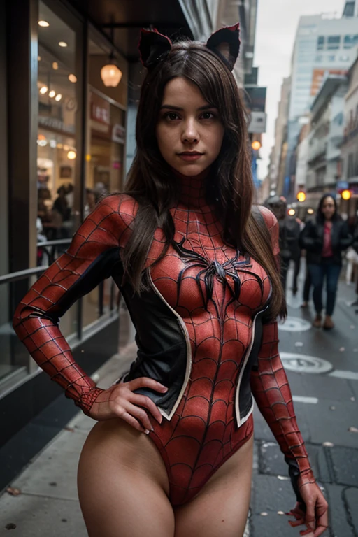 Create an image of a sexy and tall dark brunette with slightly wavy hair, standing at 175cm tall. The woman should be dressed as a sexy Spiderman girl, showcasing her perfect body in a way that is reminiscent of the comic book character. The woman should be in a squatting Spiderman position, adding to the dynamic and alluring nature of the image. The image should be captured in a city landscape, with a city view in the background. The woman should have a perfect silhouette, adding to the overall allure of the image. The overall look and feel of the image should be that of a dynamic and alluring scene, with a focus on creating a dynamic and alluring image that showcases the woman's sex appeal as a superhero