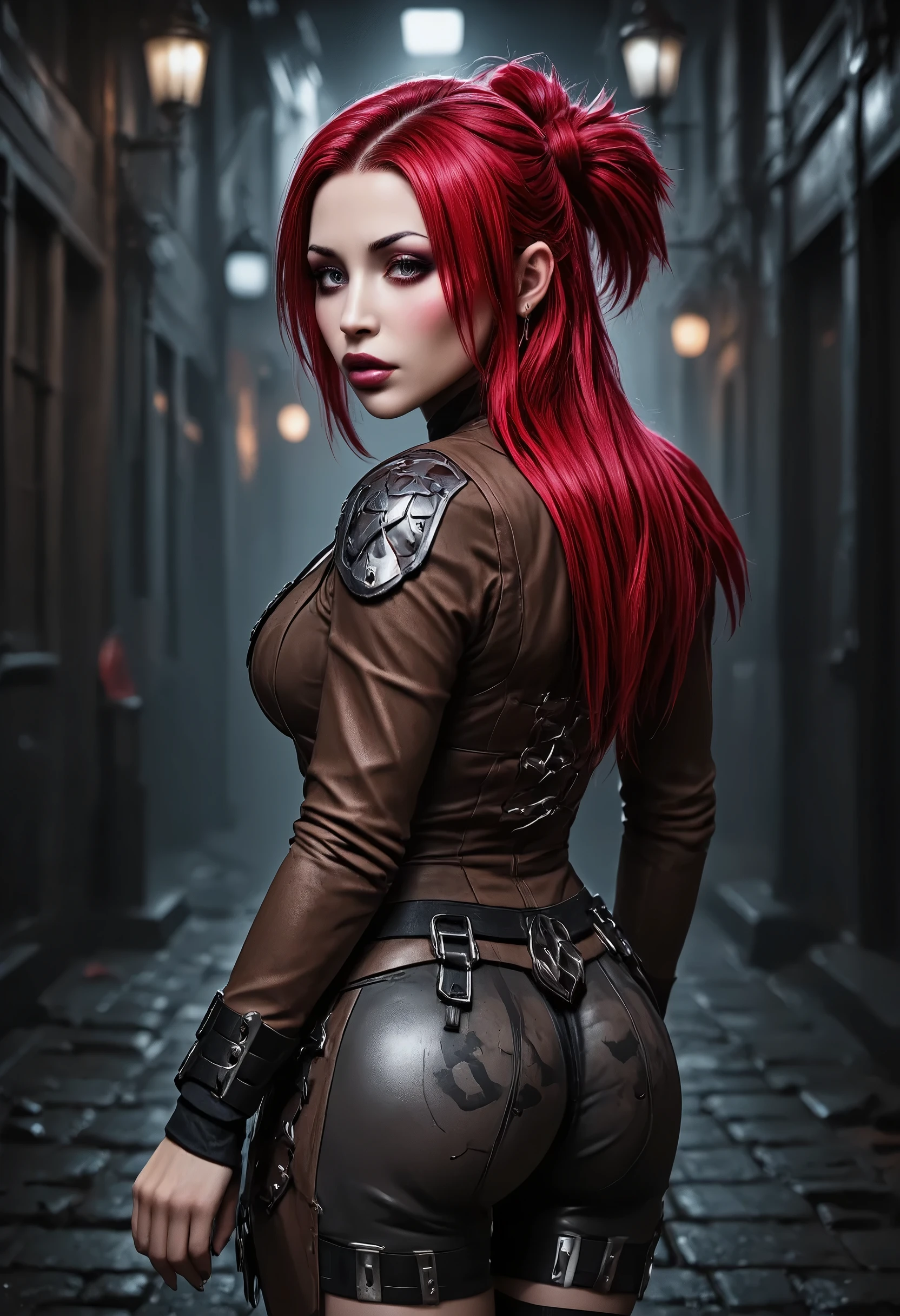 Rogue is a Gothic woman wearing a superhero gothic costume, Front strands of white hair, Redhead. She wears a brown leather jacket. back view. she stands in a street and turns to look at the viewer