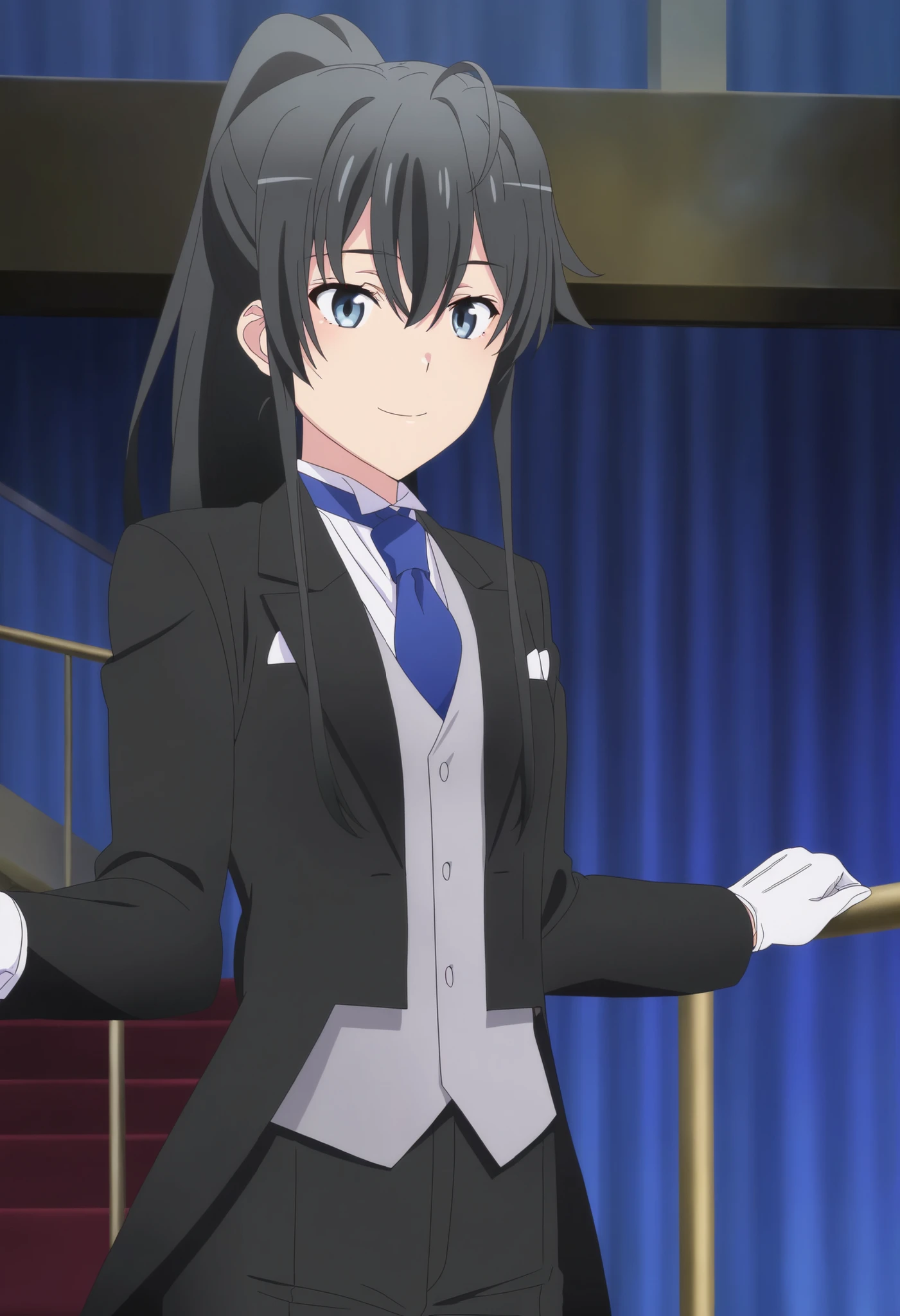 score_9,score_8_up,score_7_up,source anime,anime screencap,anime coloring,masterpiece,best quality, smile ,1girl, solo, yukinoshita yukino, blue eyes, black hair, long hair, ponytail, tuxedo tailcoat, butler, blue necktie, black pants, gloves ,smile, handsome girl,
