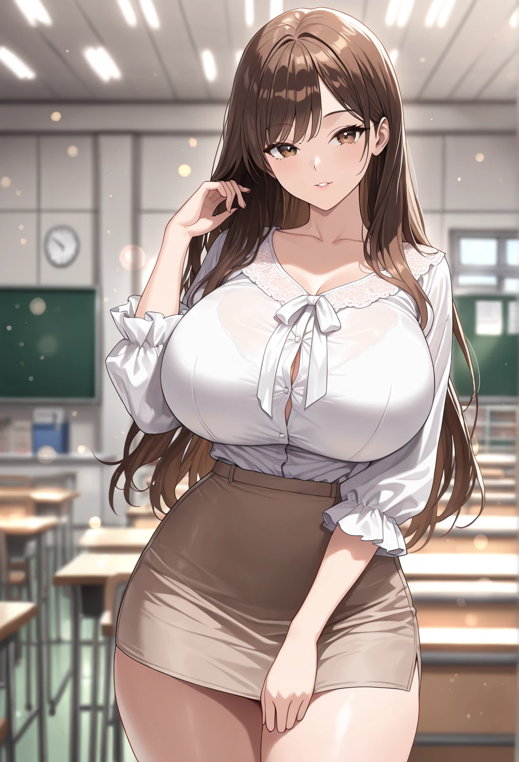 best quality, Solo breasts, Big Ass, very curvy, Bangs and long ponytail, Walnut Brown Eyes, Full lips, Tempting, Smile著, Naked white ties tied into a knot, Plaid skirt, bracelet, Thick thighs, Curvy physique，Smile，Blushing，In the bedroom，Night，Heavy snow outside the window