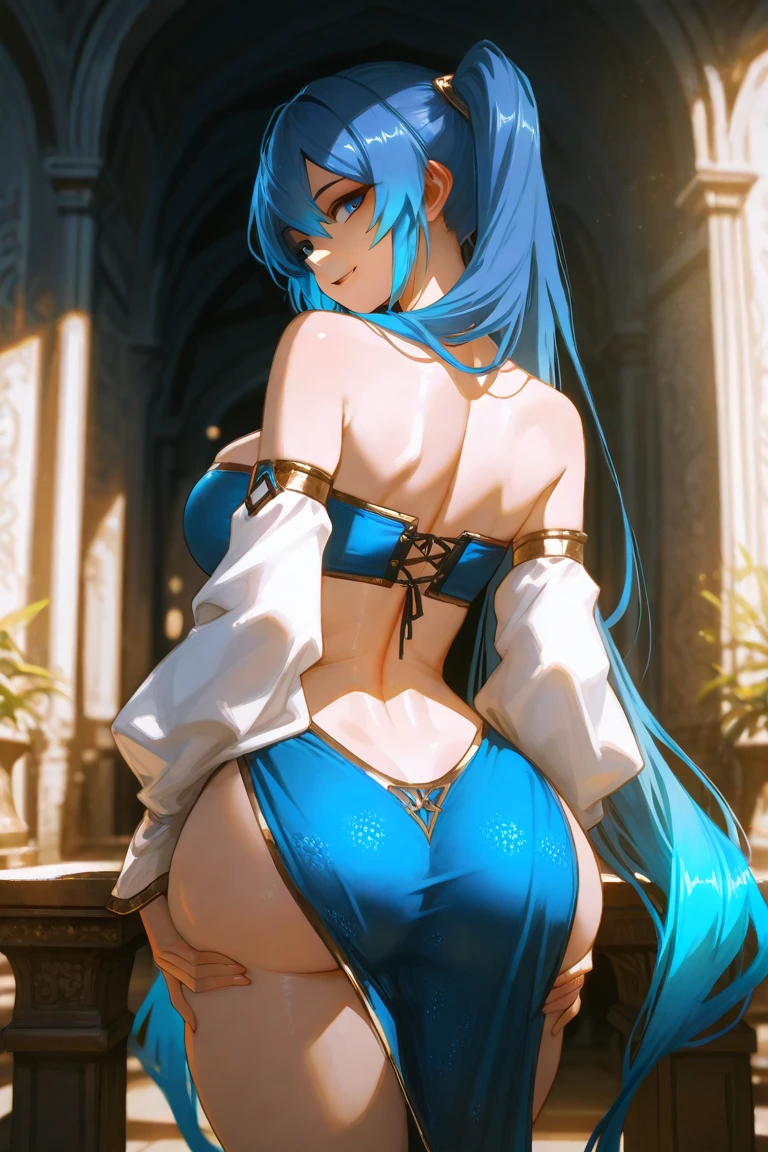masterpiece, best quality, 1girl, blue hair, gradient hair, collarbone, twintails, hair ornaments, long hair, blue dress, backside shot
