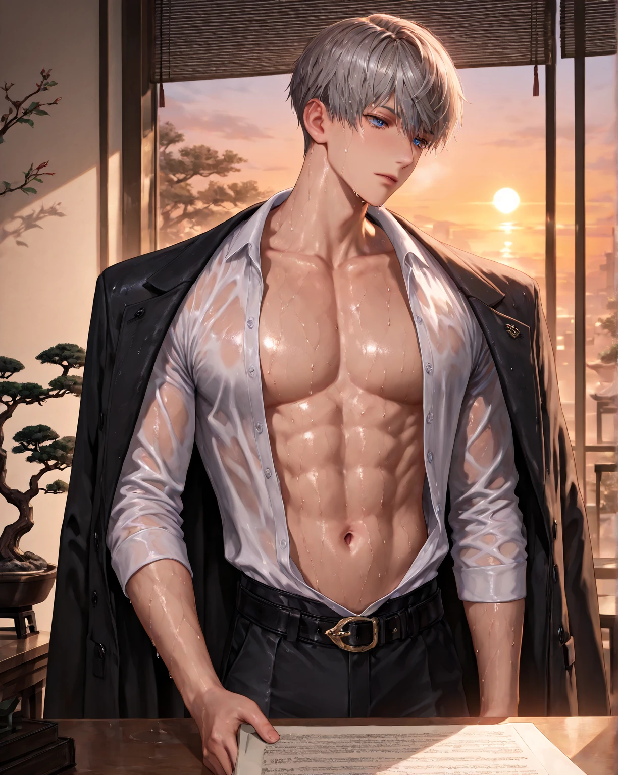 absurdres, highres, ultra detailed, HDR, masterpiece, delicate features, detailed eyes, detailed face, xavier,  men, handsome, sensual, adult version, 18 years, adult face, toned body, muscular body, ash hair, short hair, blue eyes, wet of sweat, sweat drip, formal ash coat, (open white shirt, button undone, reveal athletic body and navel), ash pant with belt, ceo office, table full of document, big window, bonsai, sunset