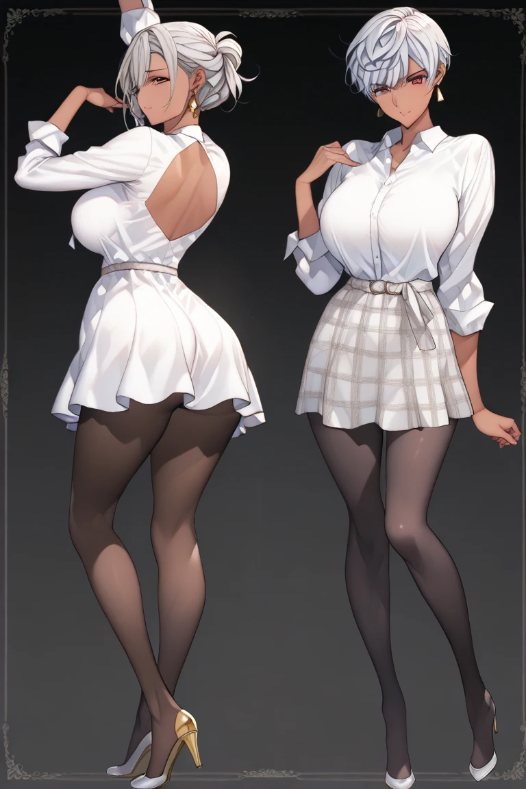 Purple hair,voluminous short hair,Adult female,(suit),See-through shirt,See-through tops,((Roll up your sleeves)),(Corset),(Tight skirt),(high heels),The heel is visible,((Simple background)),Smile,((Full body)),((whole body)),Character Sheet,