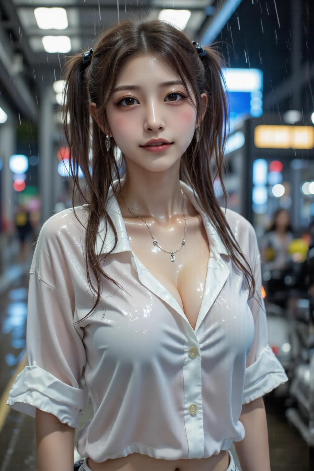 ((best quality)), ((masterpiece)), (realistic), (detailed), Russian women, sexy, attractive, (evening),((face selfie)), smile, shirt, hot, abs , on Russian streets in night