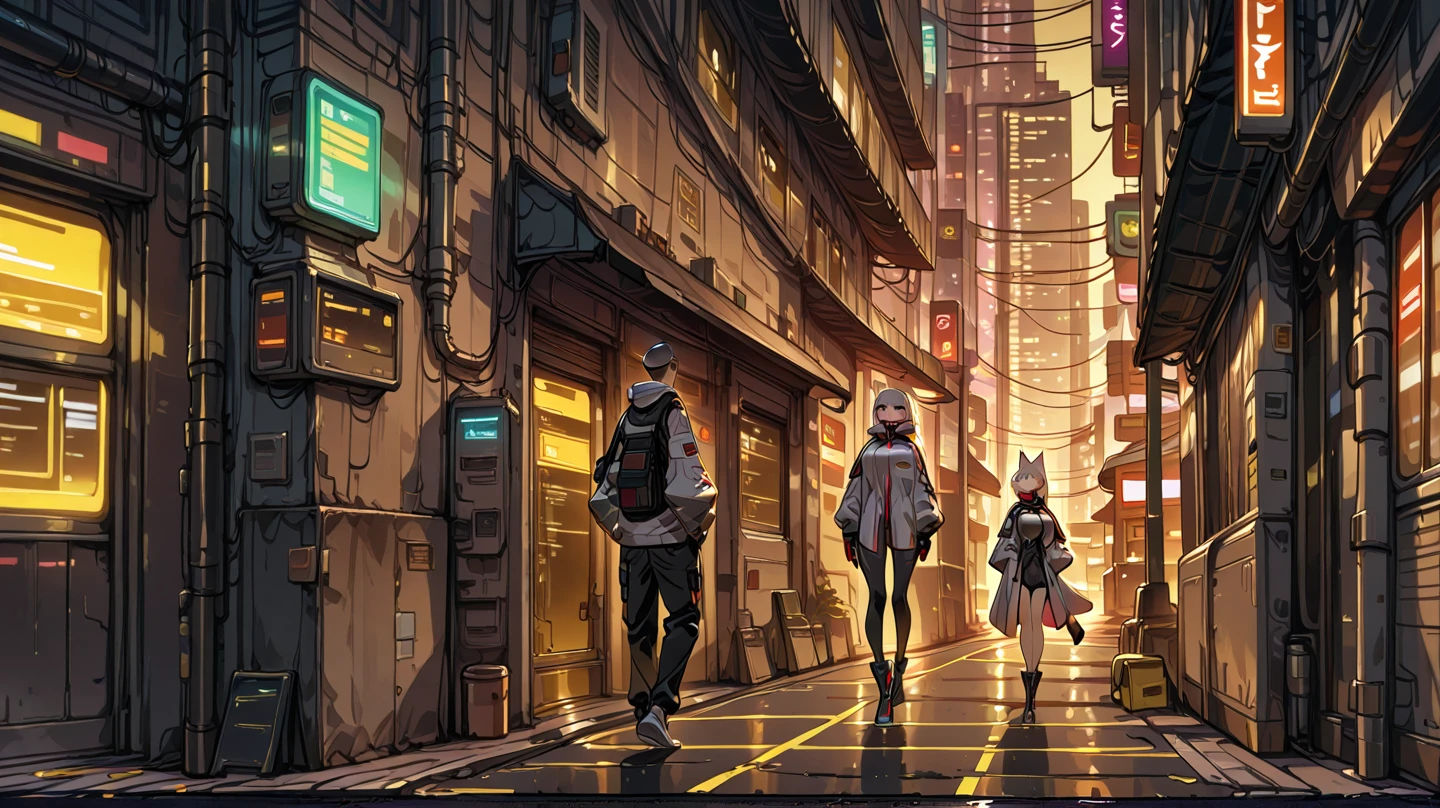 cyberpunk, science fiction, futuristic, jacket, (city downtown, [(tunnel:1.2):market district:,0.5], night), bright lights, dark shadows, trending on artstation, delicate face, cute eyes, puffy disheveled hair, long fluffy hair, painterly, absurd detail, (nixeu_basic:0.7), m_wlop, black silk, (asuna \(sao\):1.2)