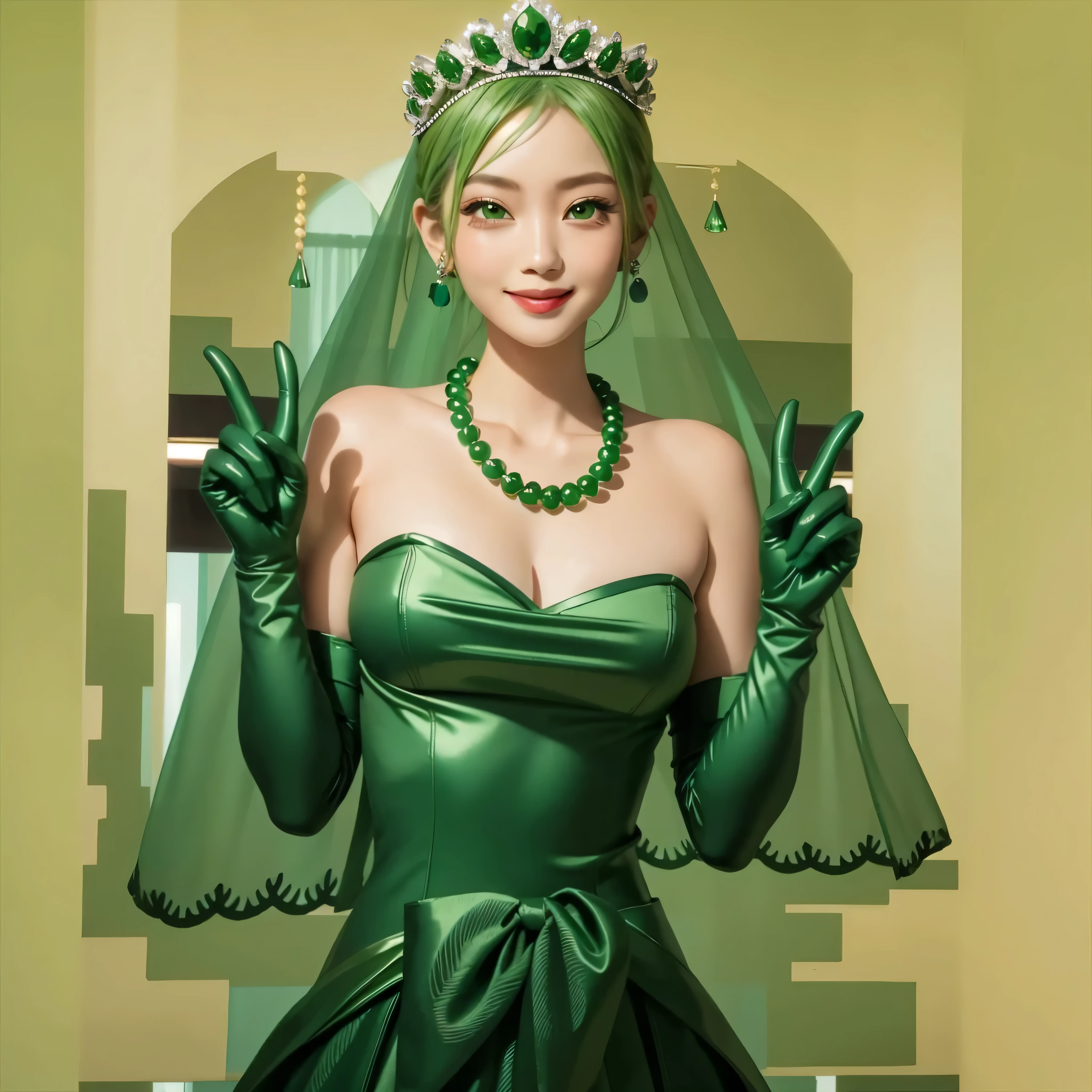 Emerald tiara, Green Pearl Necklace, Boyish very short green hair, Green Lips, Smiling Japanese woman, Very short hair, Busty beautiful lady, Green Eyes, Green satin long gloves, Green Eyes, Emerald Earrings, Green veil, All, Green Hair, Beautiful Japanese Woman, green lip gloss