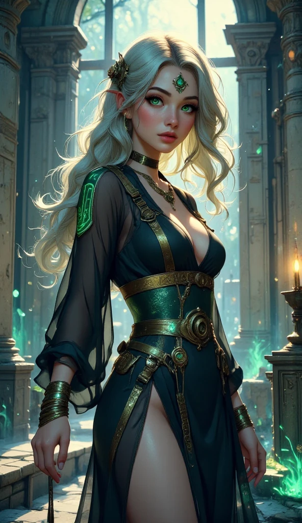 (portraite of a:1.4), 25-year-old girl with white hair, Holding a flash of magic with green light in his hands, Low angle , sexy outfit, generous cleavage, dark fantasy style art, dark fantasy mixed with realism, gothic fantasy art, outstanding , Photos in RAW and 35mm format, Rich, Deep Colours, (intricate details:0.9), (HDR, hyper-detailing:1.2), (natural skin textures, hyper realisitc, soft light, Sharp),