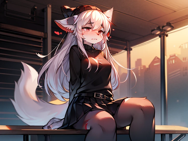 NSFW, solo, kemono, female, white hair, long hair, pink eyes, wear black hoodie, wear black skirt, wear red collar, wear white socks, pussy, rope was tied around body, no smile, confused, blushes, tear, shy, sitting on ground, cyberpunk, basement, high details