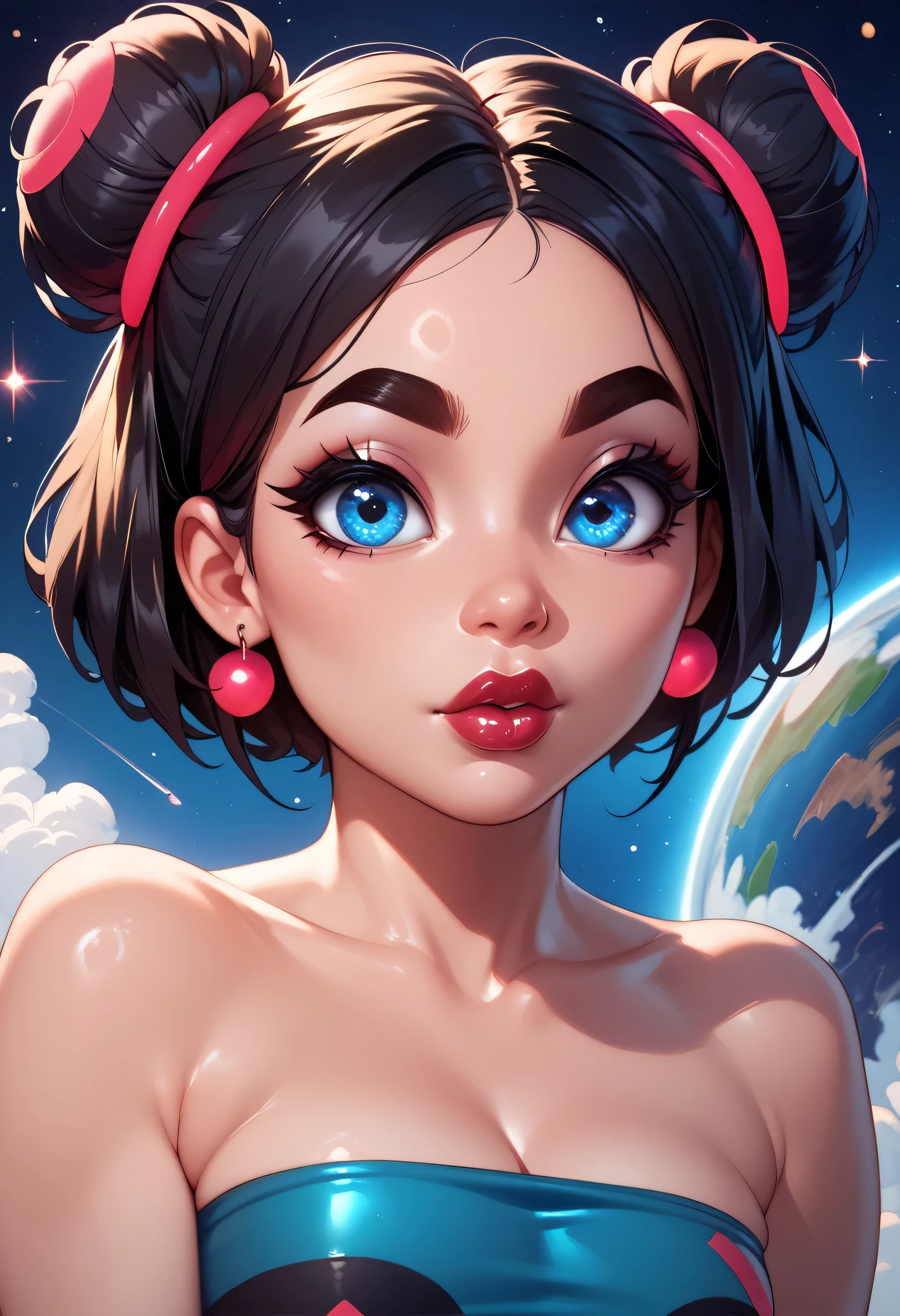 (perfect face), (space buns hair), (black hair), (black thick eyebrows), (big eyes), (blue eyes), (red bright lips), (thick lips), (tube top)