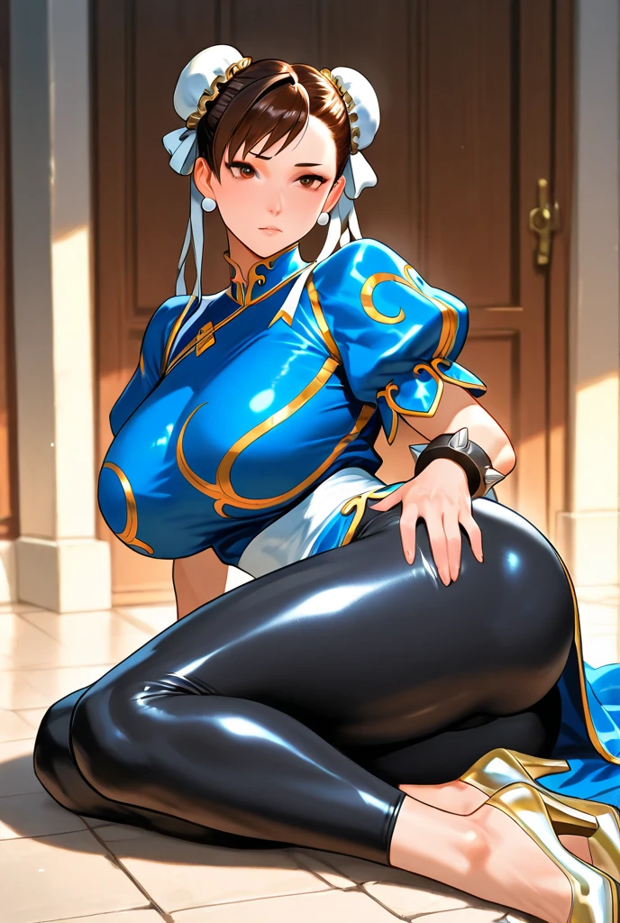 A chubby girl with black hair and freckles, dressed as Chun-Li and wearing white boots, smiling gently Comiket Venue