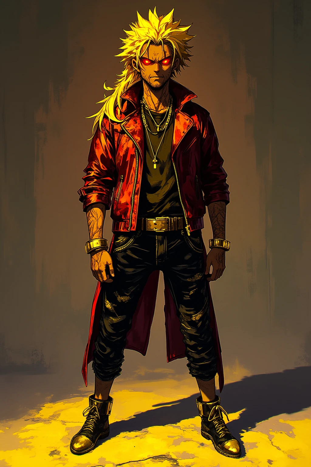 score_9, score_8_up, score_7_up, score_9, BREAK Hellaine Style, 1boy, Beetlejuice_(Character), male_focus, solo, heterochromia, red_eyes, green_eyes, facial hair, beard, gradient_hair, multicolored_hair, black_hair, red_hair, green_hair, dyed bangs, yellow hair, BREAK long hair, ponytail, hair tied, poltergeist vibes, gay mexican, dark skin, dark skinned male, dirty_face, facial tattoo, flamboyant, jewelry, open_clothes, necklace, shirtless, tattoo, pendant, leather, leather_jacket, full body, magic, poltergeist_vibes, horror_vibes, ghost_vibes, cinematic_angle, cinematic_lighting, detailed_design, intricate_design, indoors, tijuana bar scene, elaborate_design, highly_detailed, <lora:HellainePonyXL:0.8>