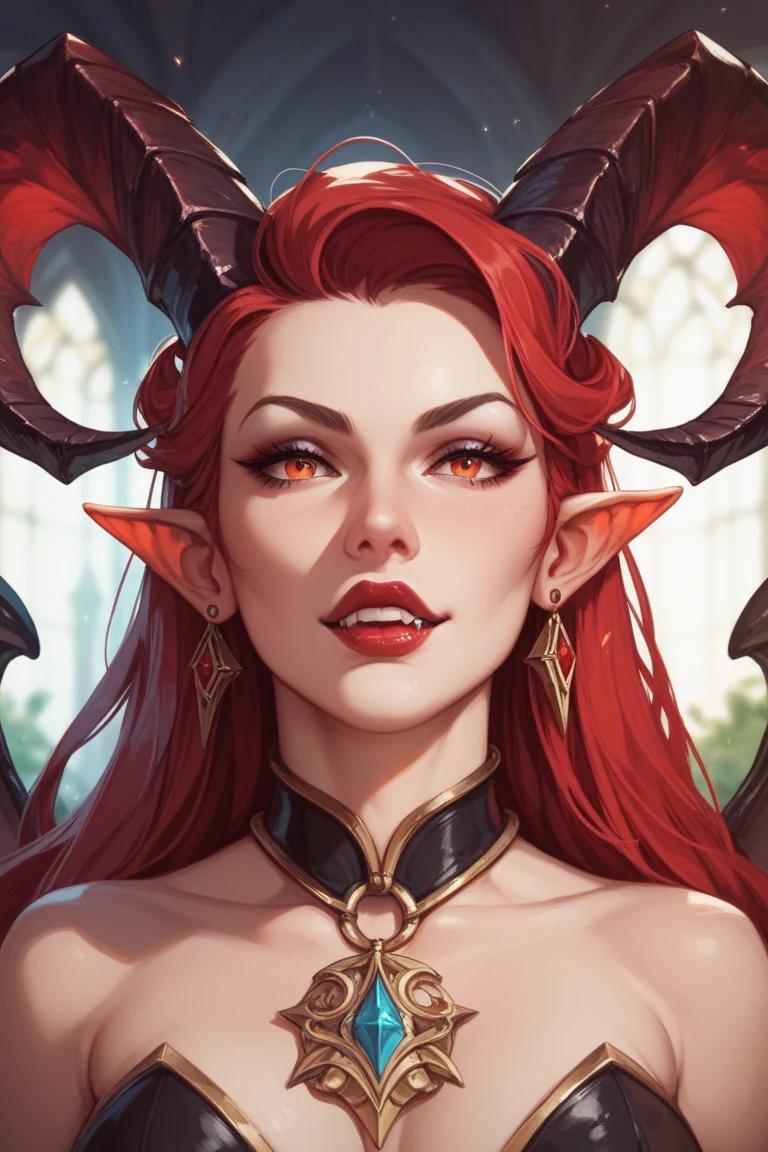 dnd, dungeons and dragons, cute succubus, tanned skin, red hair, full nun suit, chapel, fantasy, heroic fantasy, bright day, fairytail, cute, blonde hair, long hair, nurse cap, heart-shaped pupils, naughty face, ray tracing, bloom, highres, best quality, high quality, super detail, UHD, 8k, 16k, masterpiece