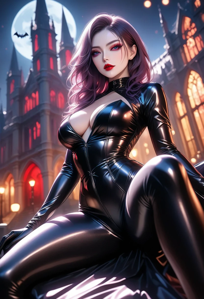 one girl on heat who xant to be fucked, Black dress, Gothic Style, Black Boots, Black Stockings, Dark and Purple Hair , Eyes Shadows ++ , Darker Lips + , Gothic make-up, (Best quality:1.1), (Masterpiece:1.4), 1fille, (cheveux volumineux)+ , cheveux longs , (Yeux Bleux) , gros seins , (Large, dark lips)+ , peau brillante, brillant, starry night, Bas dentelle, Urban Scene ,Neons Light, Stary Sky , Full Moon