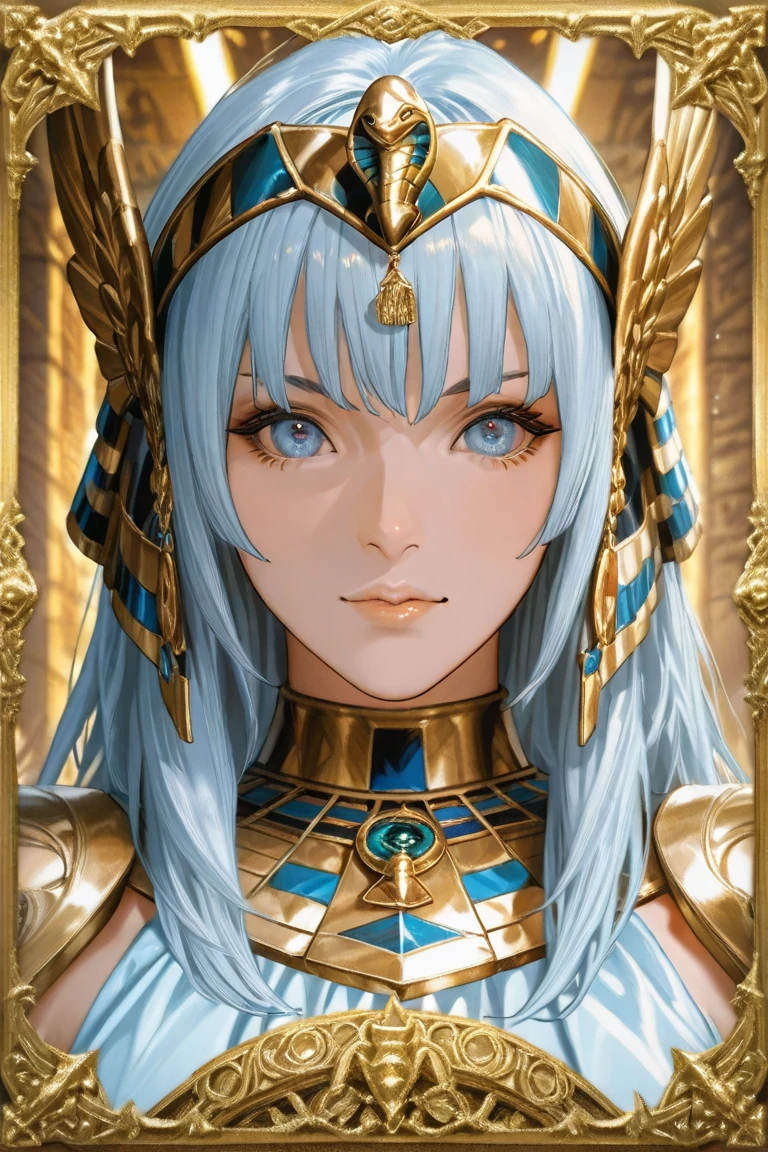 (beautiful girl with straight white hair,beautiful and rounded yellow eyes,dressed in white with gold details,golden shoulder pads wearing Egyptian jewelry,focus on the front face,saggy breasts,long Egyptian earrings),(best quality,4k,8k,highres,masterpiece:1.2),ultra-detailed,(realistic,photorealistic,photo-realistic:1.37),portrait,digital art,highly detailed,intricate,ornate,elegant,cinematic lighting,warm color tones,glowing skin